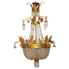 Antique Empire Bronze Crystal Chandelier, with Fire-Gilded Swans, 19th Century