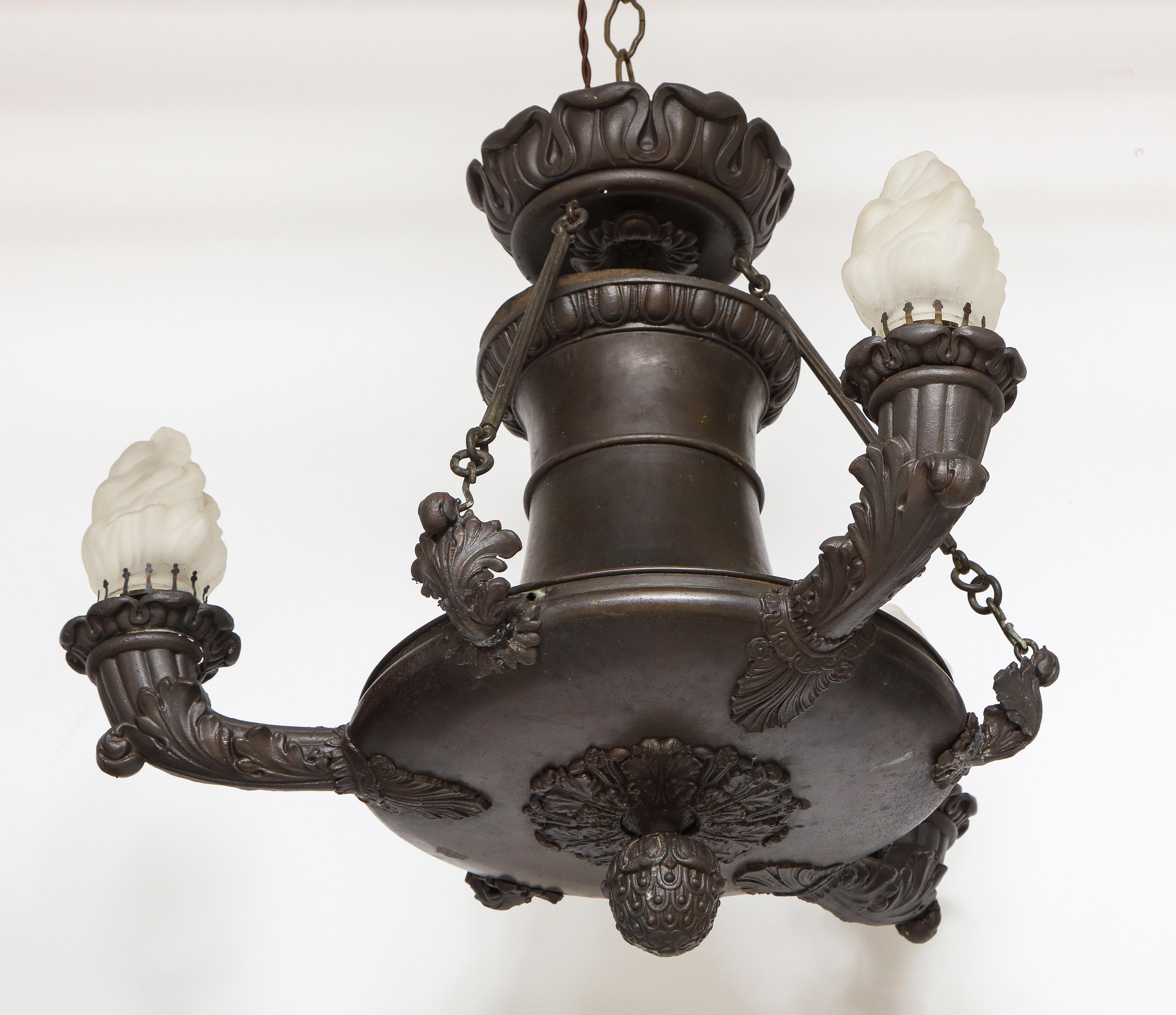 Empire Bronze Three-Light Chandelier For Sale 1