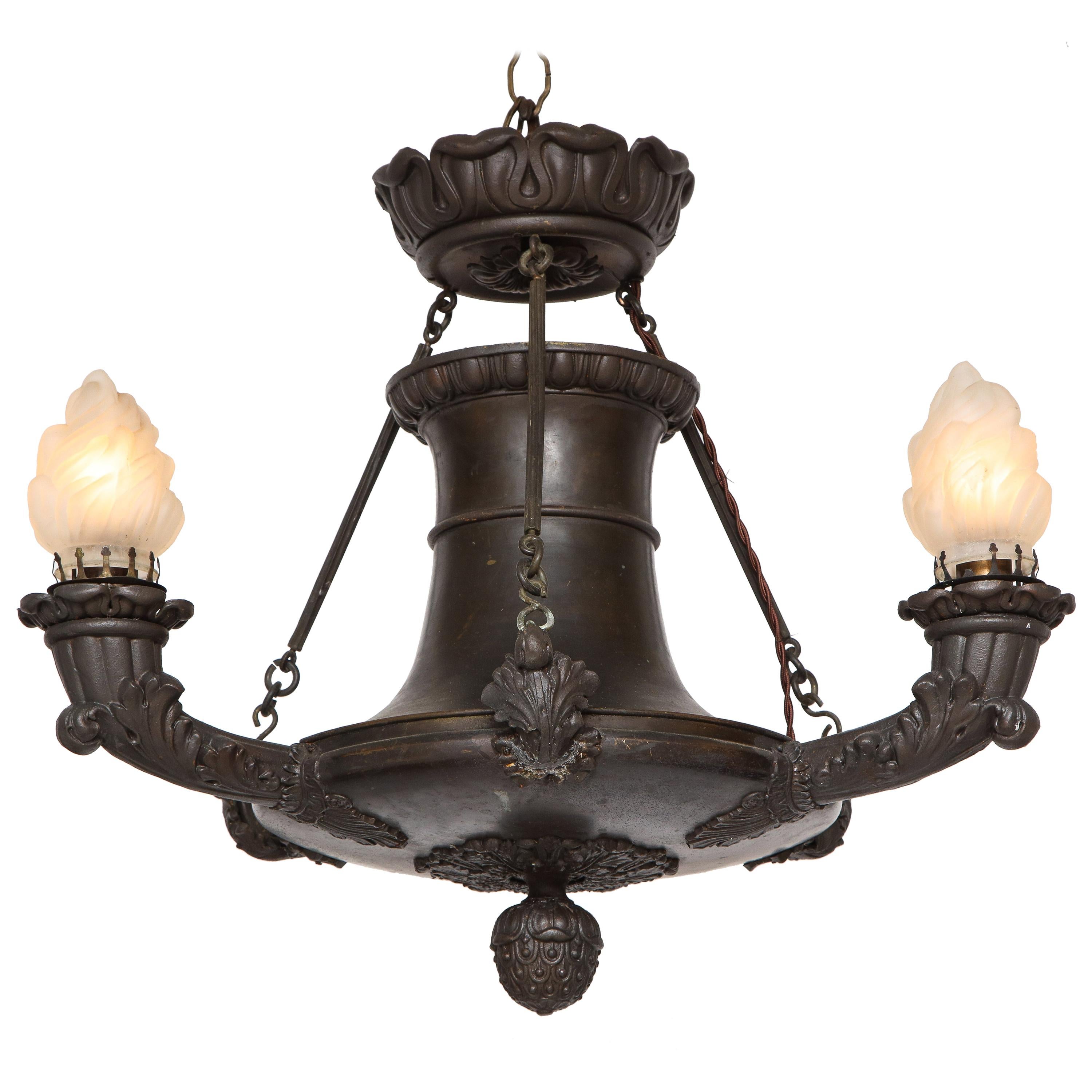 Empire Bronze Three-Light Chandelier For Sale