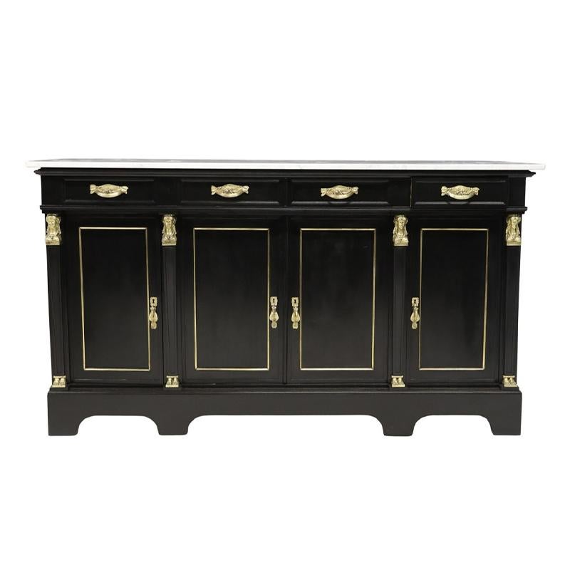 French Empire style sideboard buffet with a marble top.  late 19th/ early 20thc. The buffet is  fitted with four drawers, central dual cabinet doors opening to a shelved interior, flanked by singular cabinet on either side with open interior, and