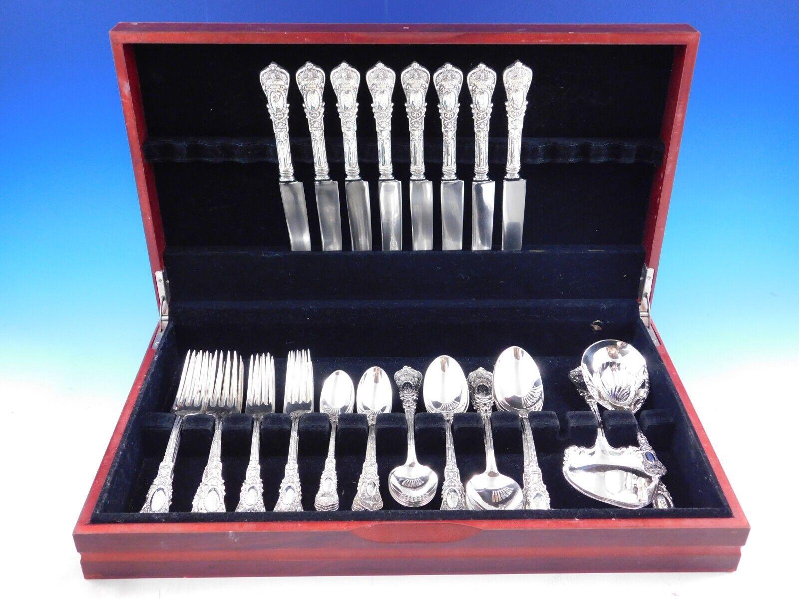 Rare Dinner Size Empire by Durgin sterling silver flatware set - 51 pieces. This pattern was introduced in the year 1895 and features a crown above a central cartouche. This set includes:

8 Dinner Size Knives with stainless Old French Blades, 9