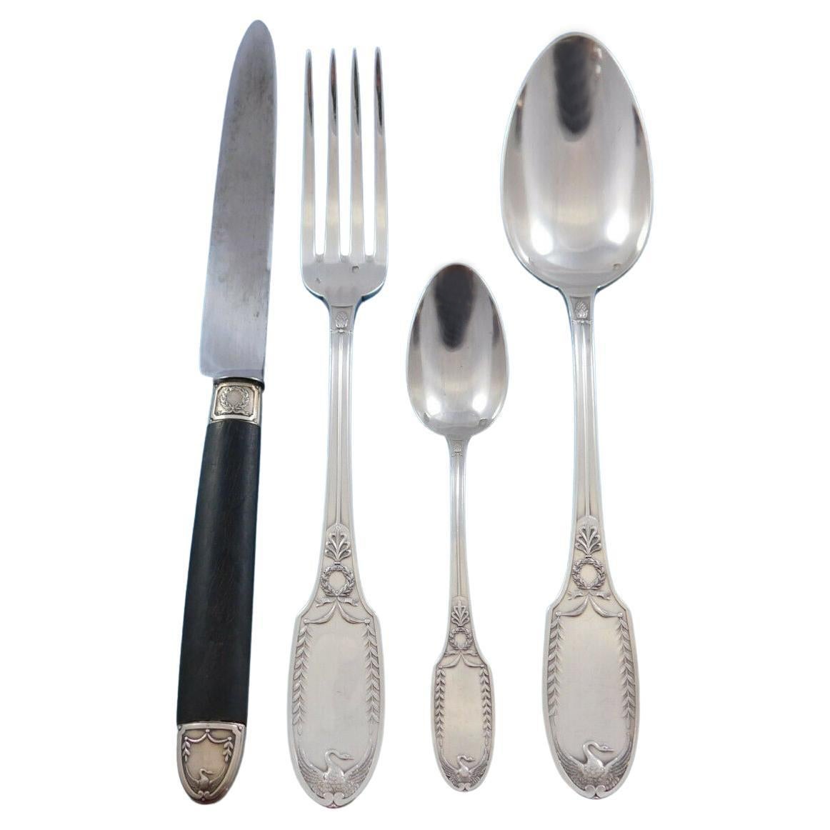 Ensemble de 49 pièces de couverts en argent sterling avec cygne Empire de Puiforcat France en vente