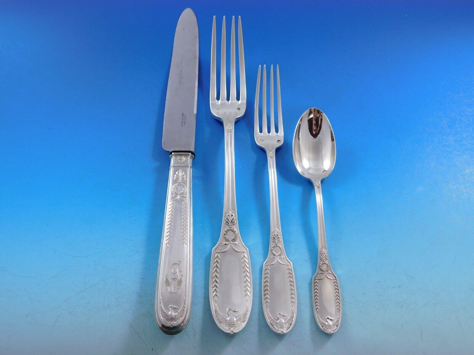 Empire by Puiforcat France Sterling Silver Flatware Set Swan 96 pc Dinner in Box In Excellent Condition For Sale In Big Bend, WI