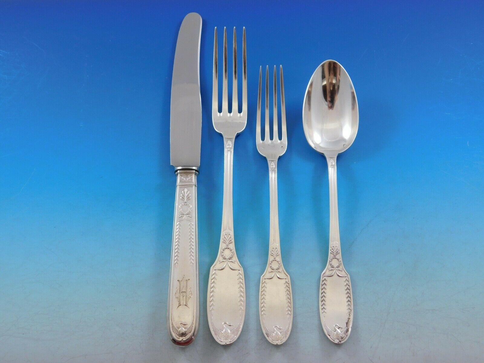 Empire by Puiforcat France Sterling Silver Flatware Set Swan 99 Pcs Dinner In Excellent Condition For Sale In Big Bend, WI