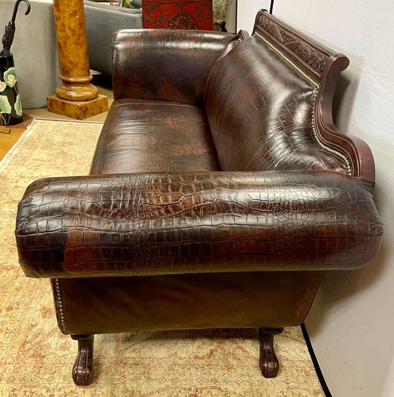 Antique Empire Carved Mahogany Faux Alligator Croc Leather Settee Sofa For Sale 5