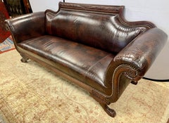 Antique Empire Carved Mahogany Faux Alligator Croc Leather Settee Sofa