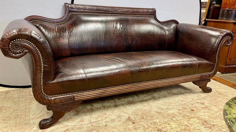 American Antique Empire Carved Mahogany Faux Alligator Croc Leather Settee Sofa For Sale