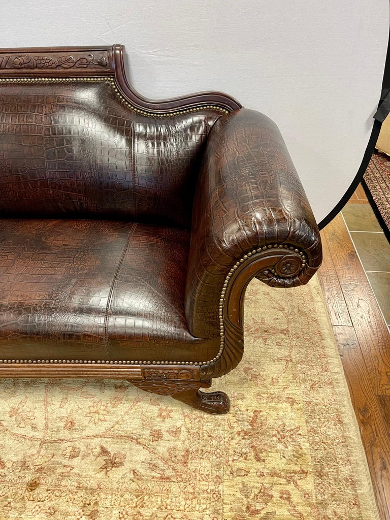 Antique Empire Carved Mahogany Faux Alligator Croc Leather Settee Sofa In Good Condition For Sale In West Hartford, CT