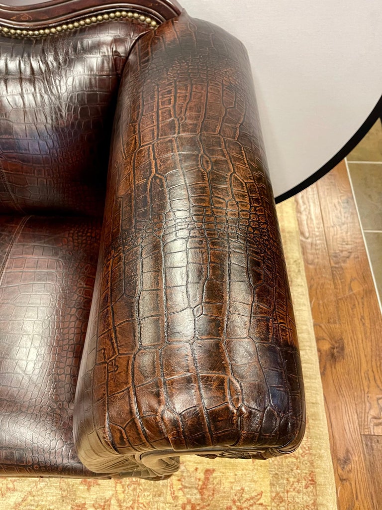Mid-20th Century Antique Empire Carved Mahogany Faux Alligator Croc Leather Settee Sofa For Sale