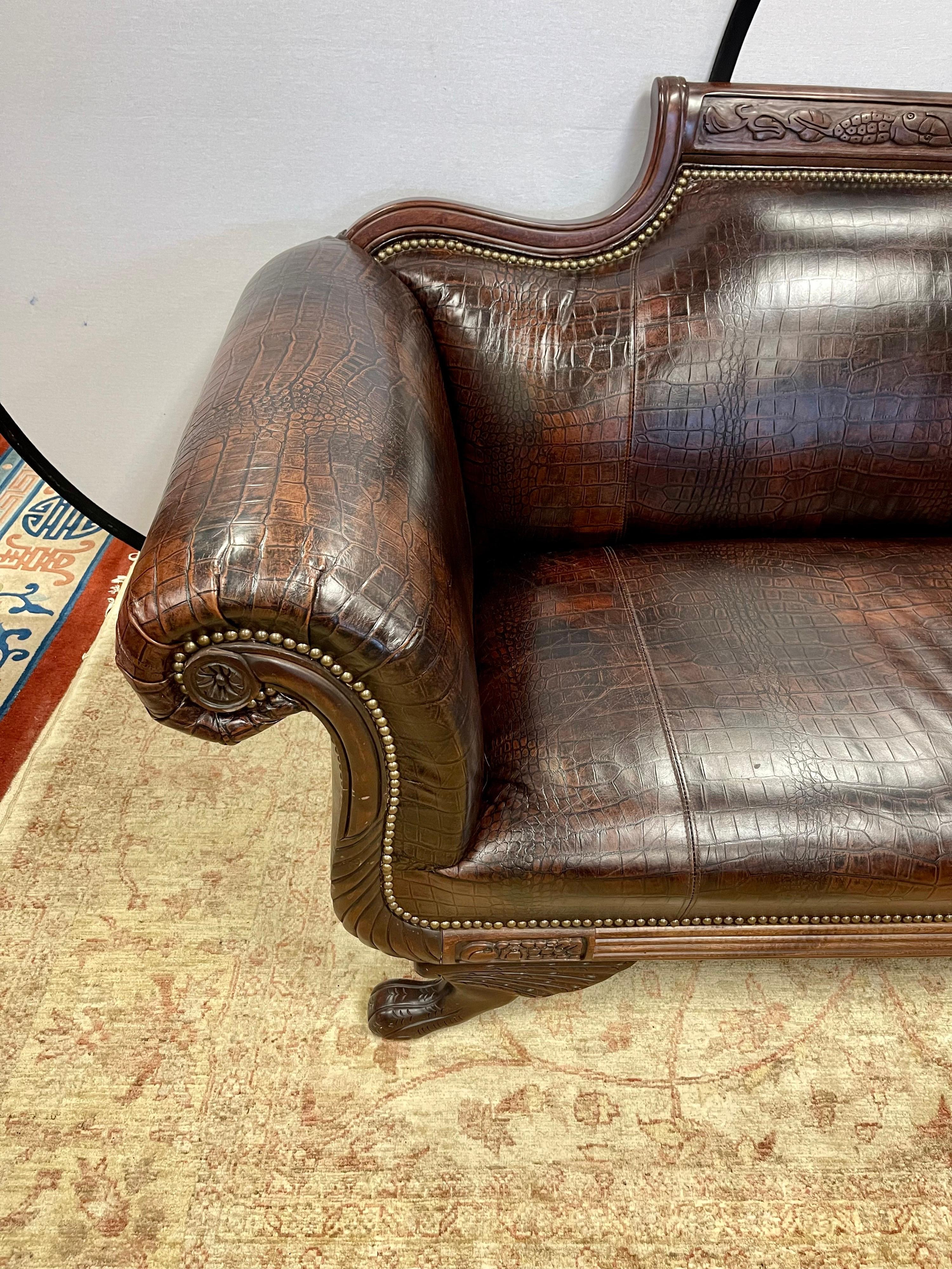 Mid-20th Century Antique Empire Carved Mahogany Faux Alligator Croc Leather Settee Sofa