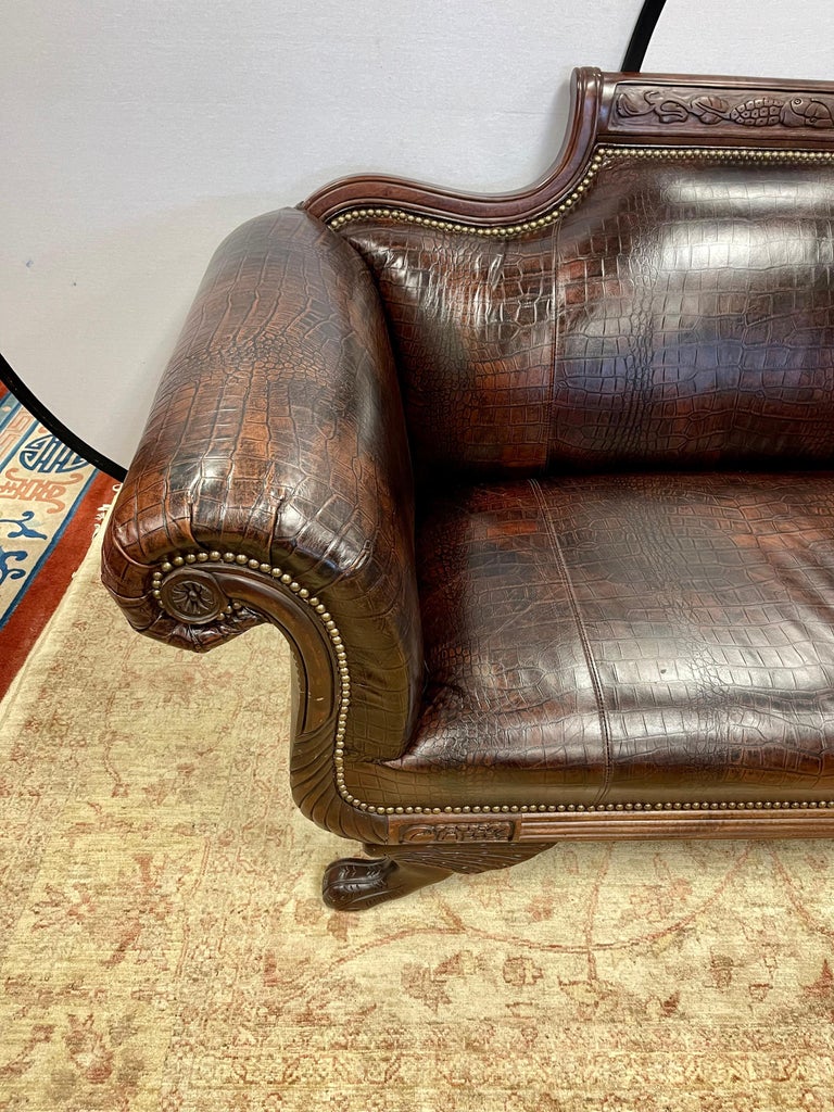 Antique Empire Carved Mahogany Faux Alligator Croc Leather Settee Sofa For Sale 1