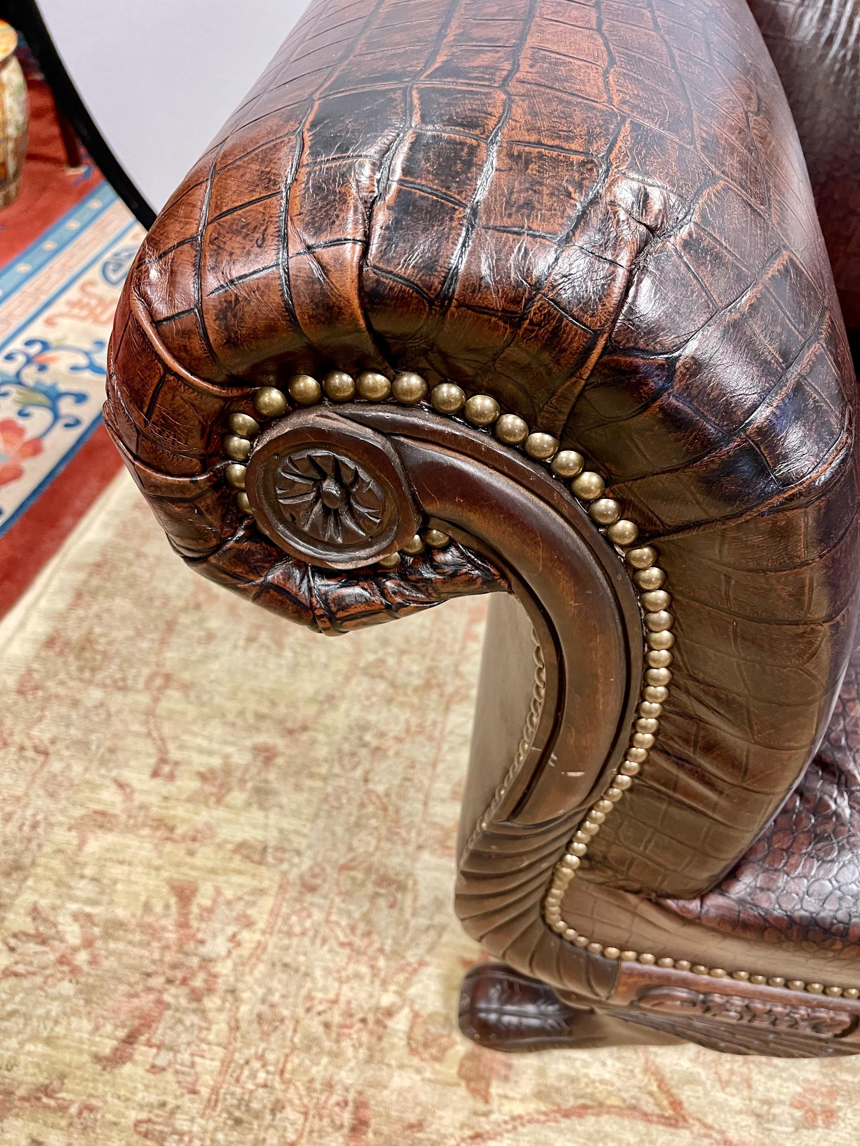 Textile Antique Empire Carved Mahogany Faux Alligator Croc Leather Settee Sofa