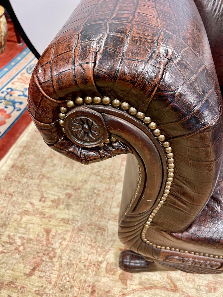 Antique Empire Carved Mahogany Faux Alligator Croc Leather Settee Sofa For Sale 2