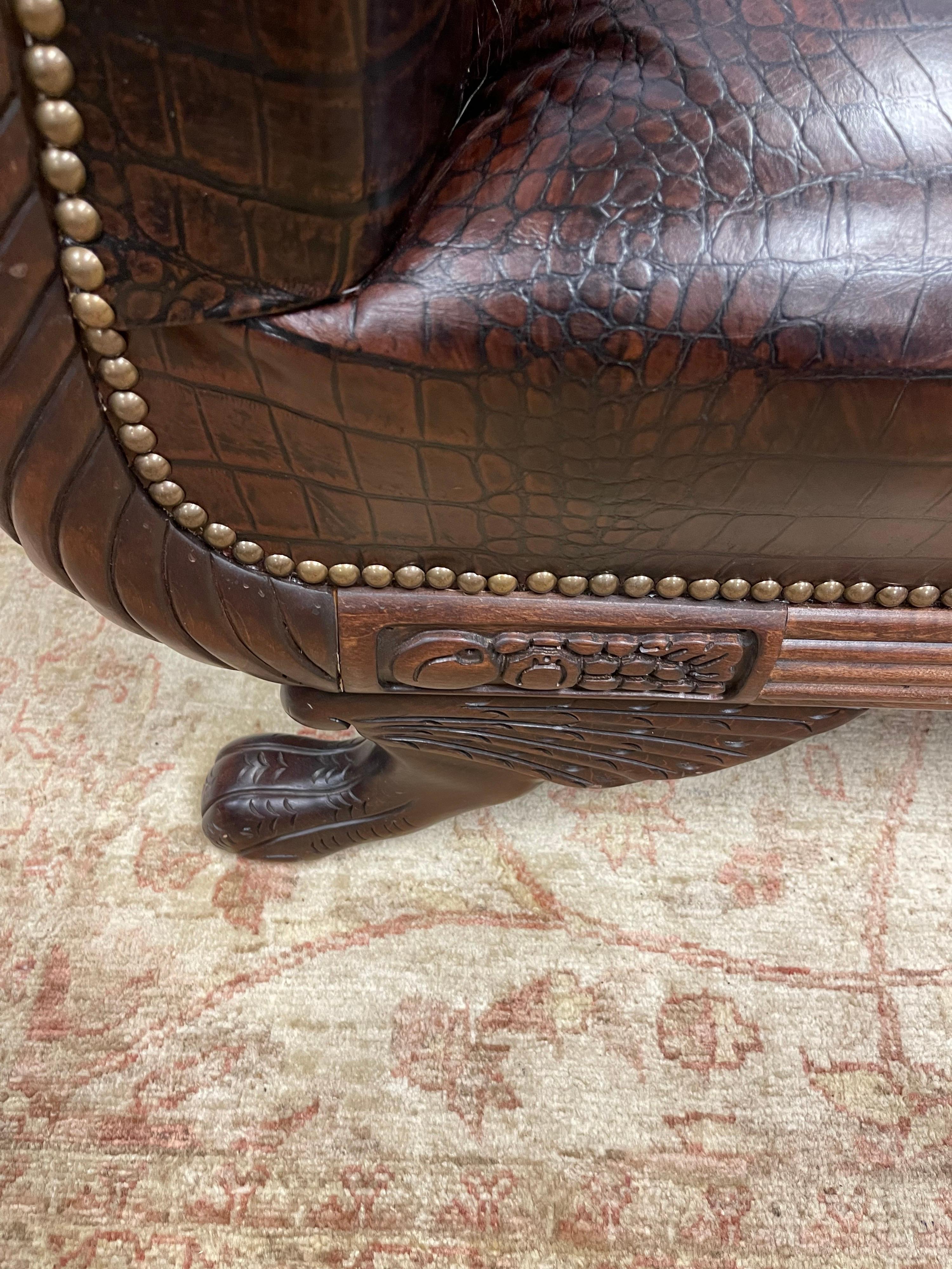 Antique Empire Carved Mahogany Faux Alligator Croc Leather Settee Sofa 1