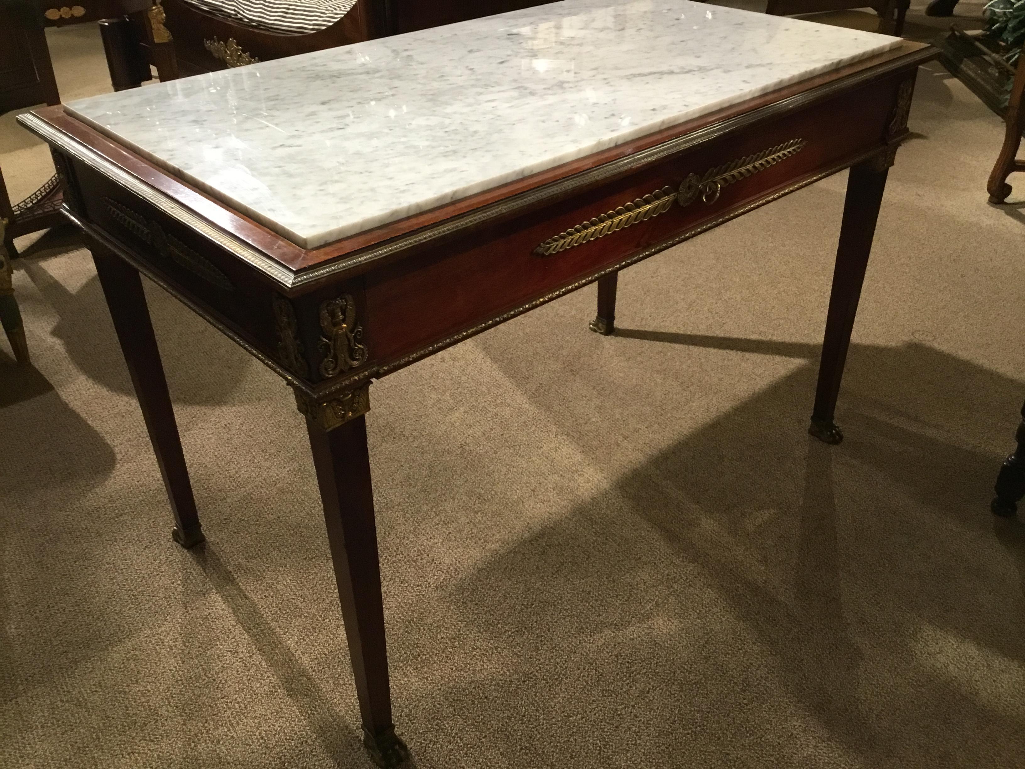 French Empire Center Table in Mahogany with Bronze Mounts White Marble Top, 19 th c For Sale