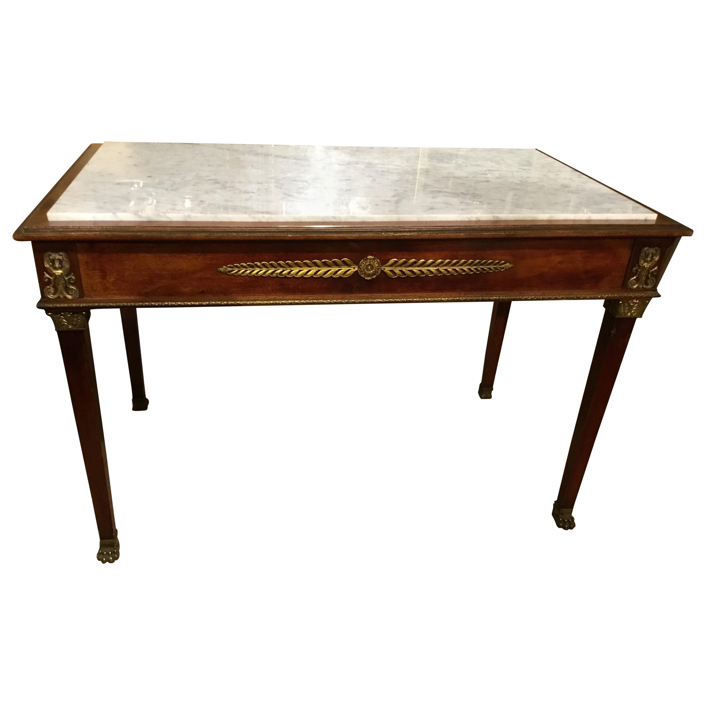 Empire Center Table in Mahogany with Bronze Mounts White Marble Top, 19 th c