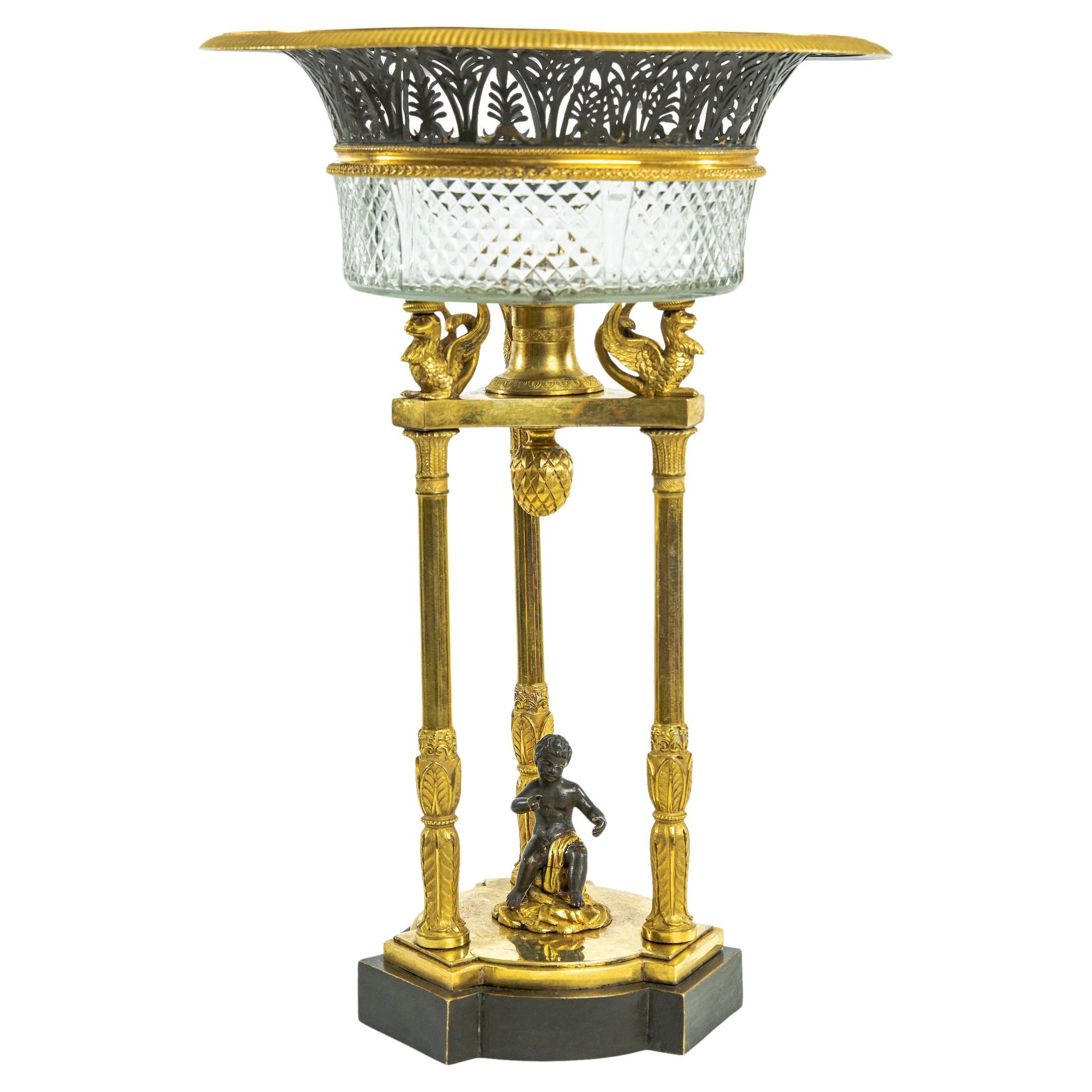 Empire Centerpiece with Putto Decor, Bronze and Glass, Early 19th Century For Sale