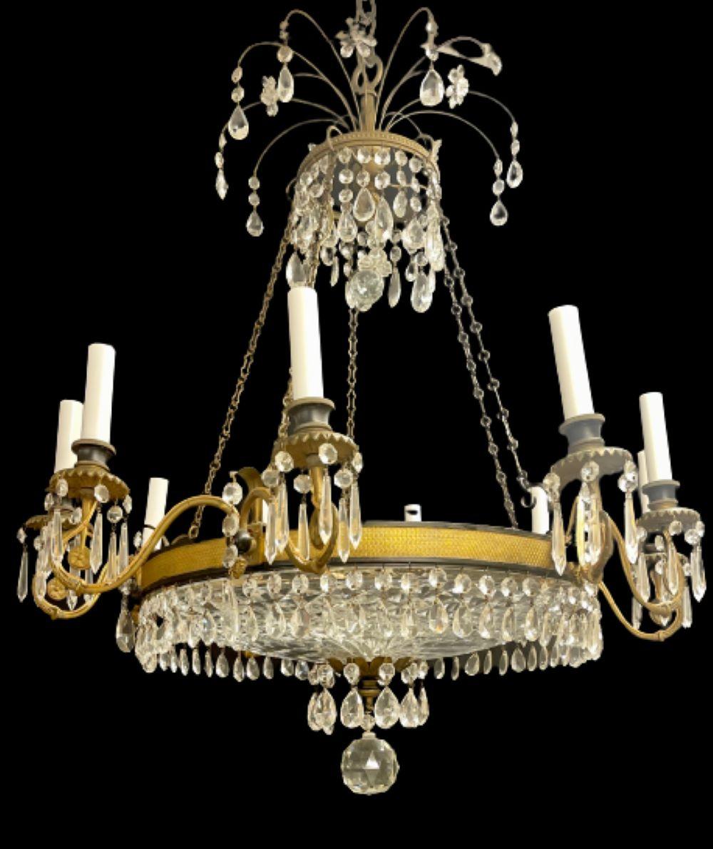 Empire Chandelier Dore Bronze and Crystal having Ten Lights In Good Condition For Sale In Stamford, CT