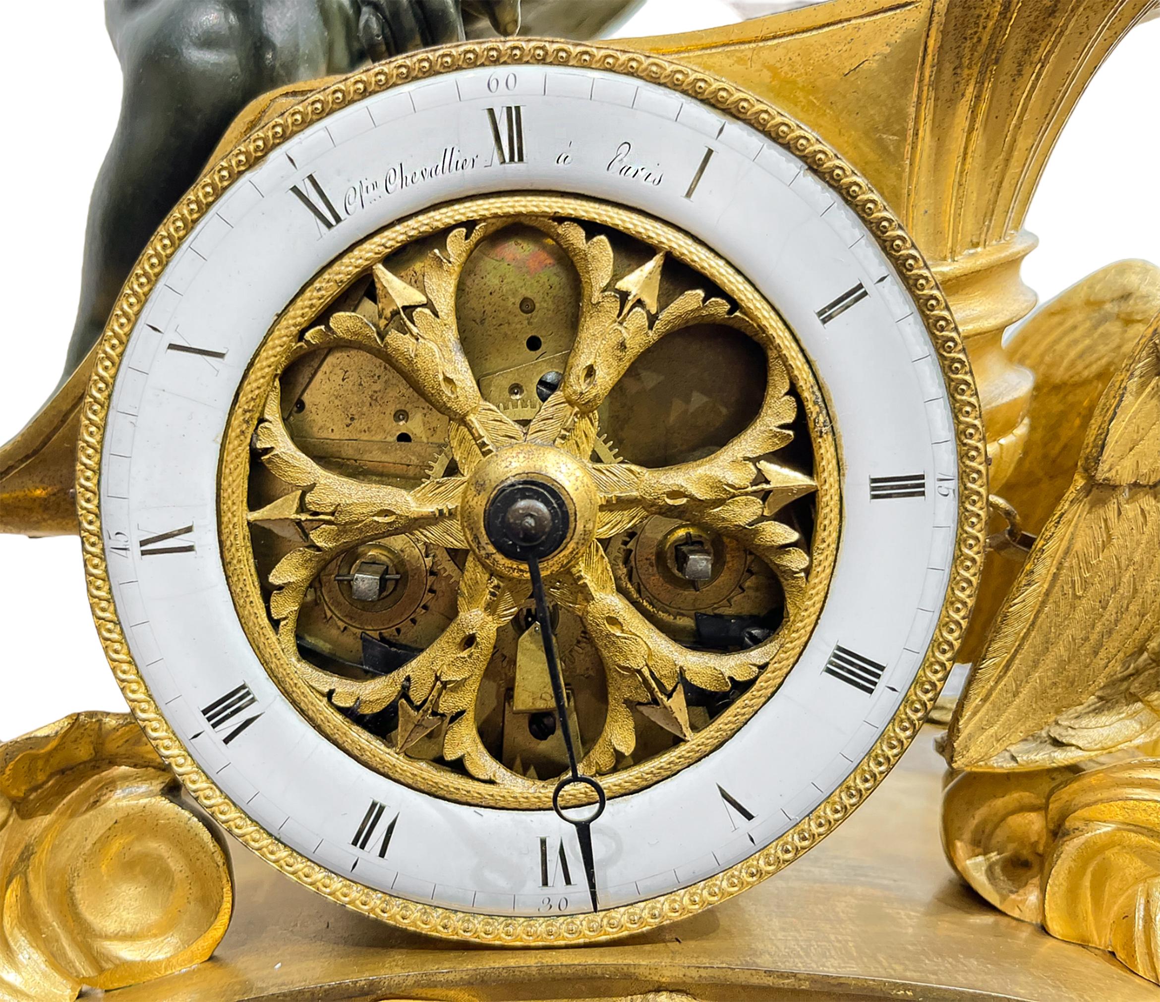 Empire Chariot Clock with Bronzed Putti, Eagles, and Neoclassical Bas Relief  In Good Condition In New York, NY