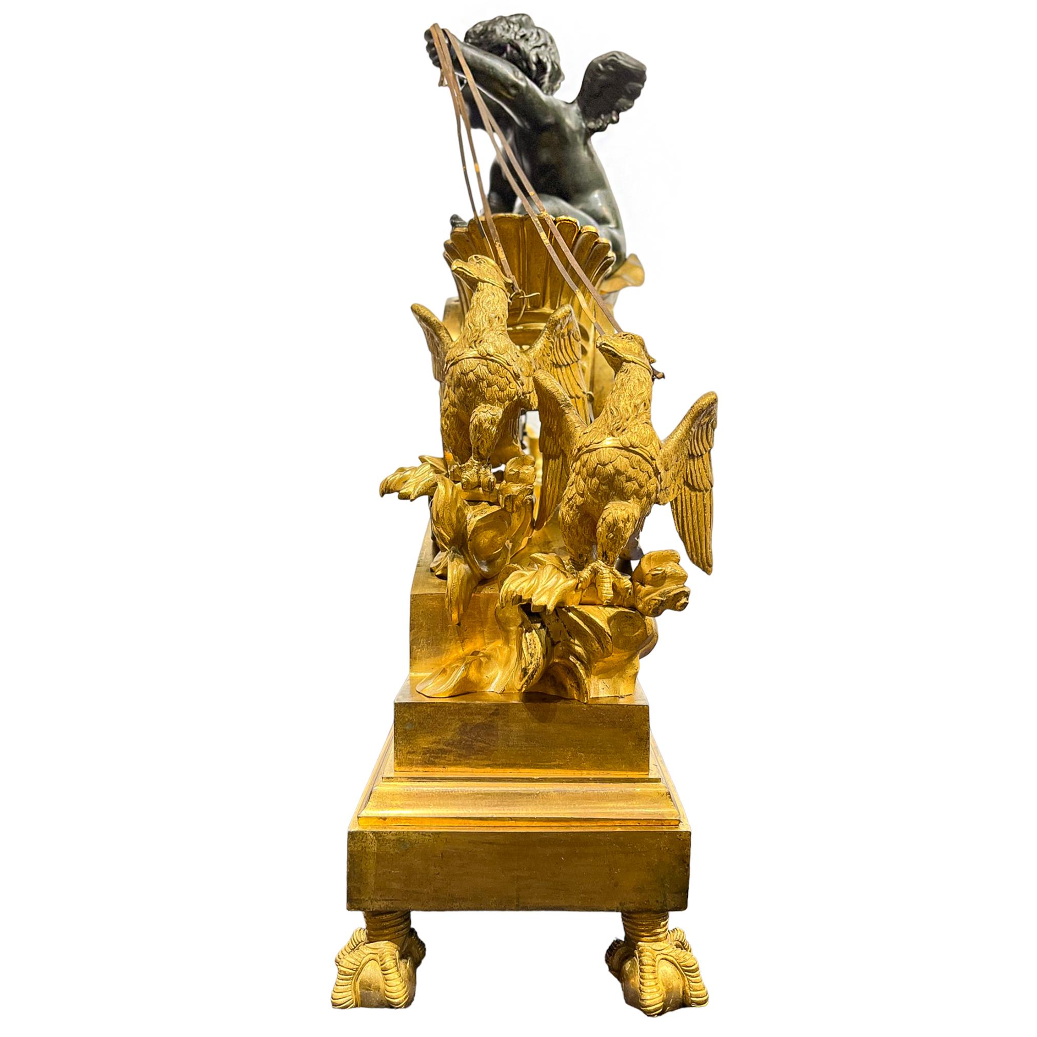 19th Century Empire Chariot Clock with Bronzed Putti, Eagles, and Neoclassical Bas Relief 
