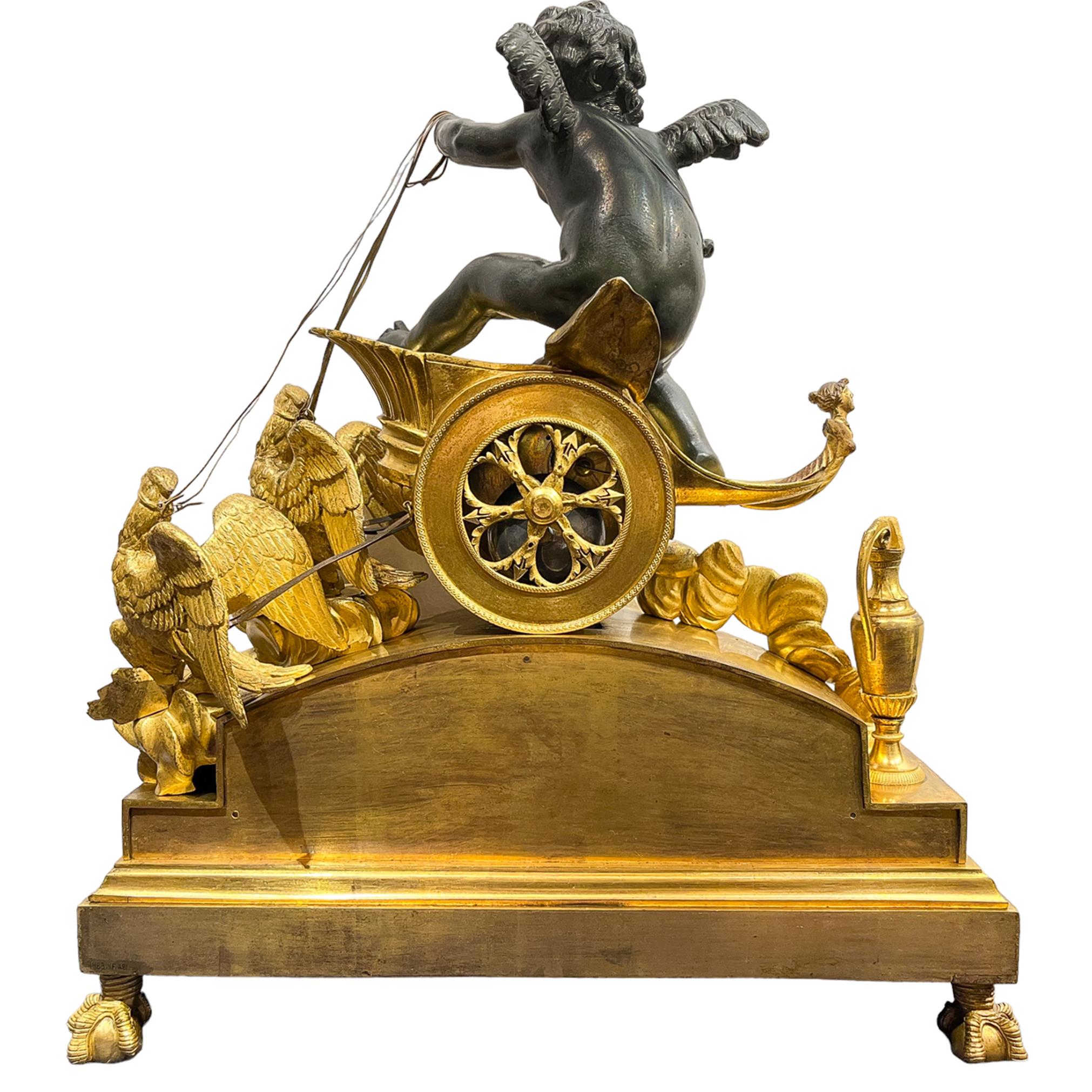 Empire Chariot Clock with Bronzed Putti, Eagles, and Neoclassical Bas Relief  1