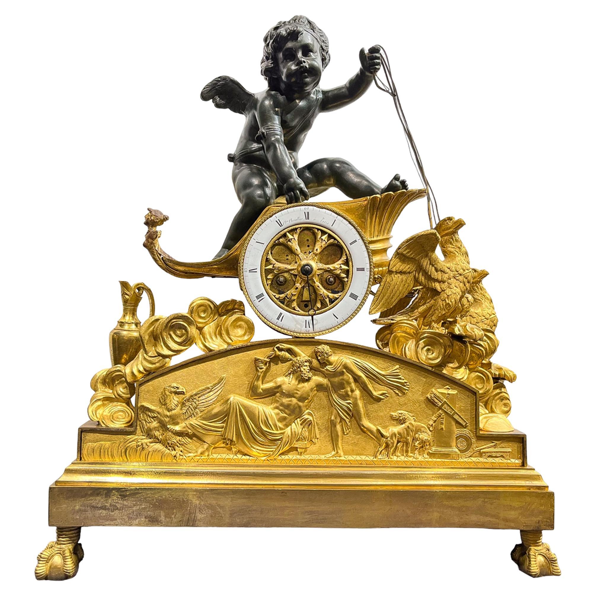 Empire Chariot Clock with Bronzed Putti, Eagles, and Neoclassical Bas Relief 