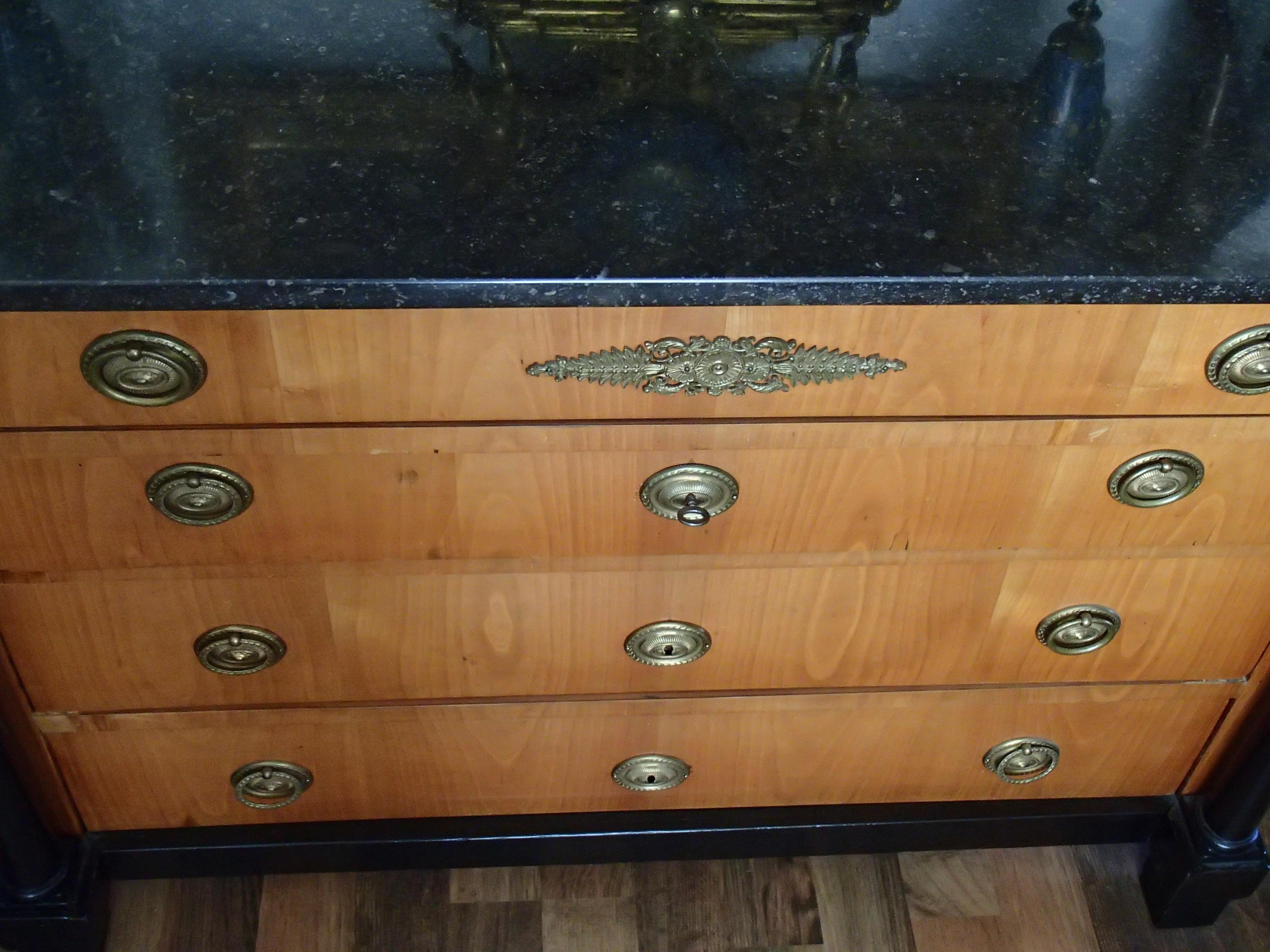 Belgian Black Marble Empire Chest of Drawers Cherry Wood with Black Colones and Black Marble Top For Sale