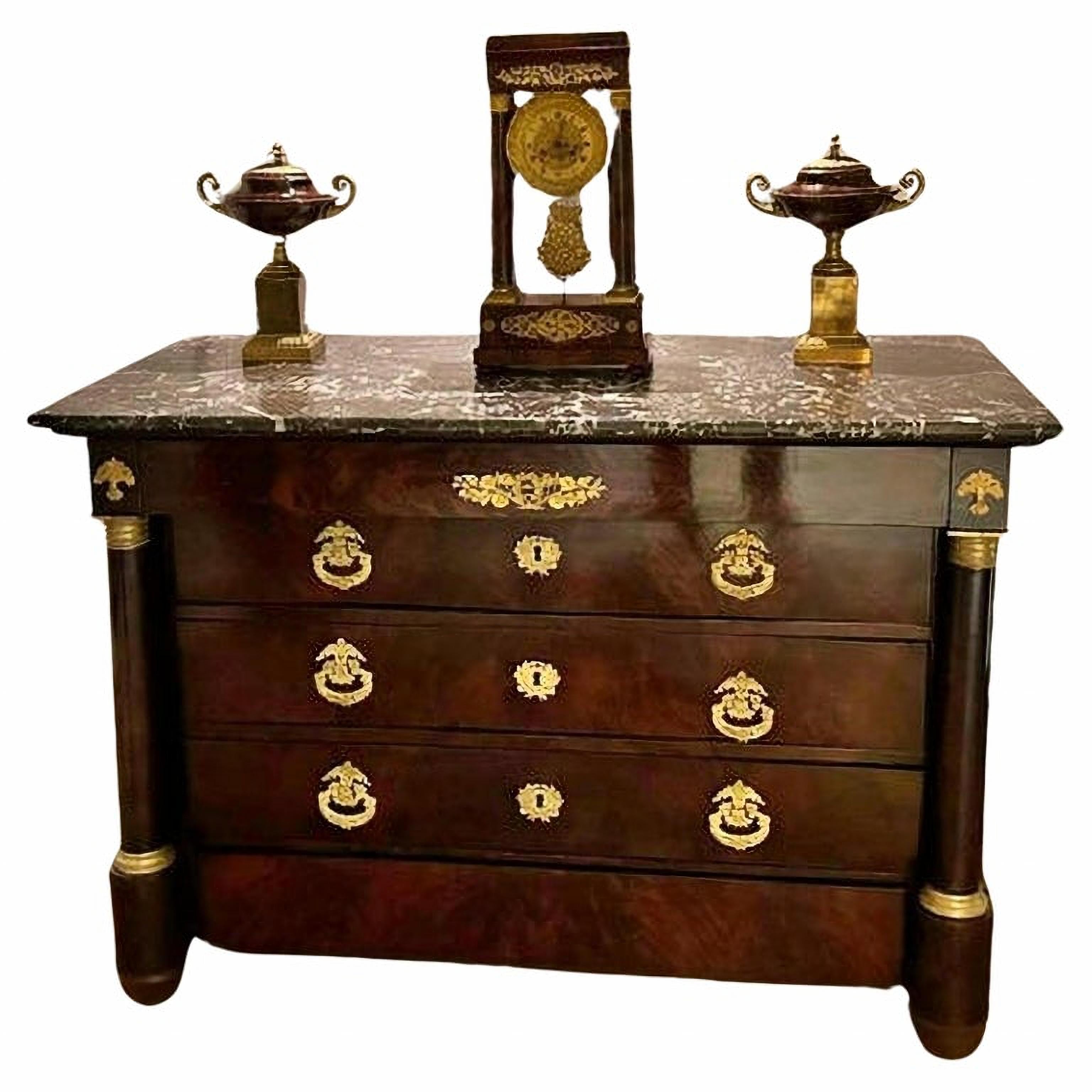 Hand-Crafted Empire Chest of Drawers in Mahogany Veneer, 19th century Napoleon III RESTAURED For Sale