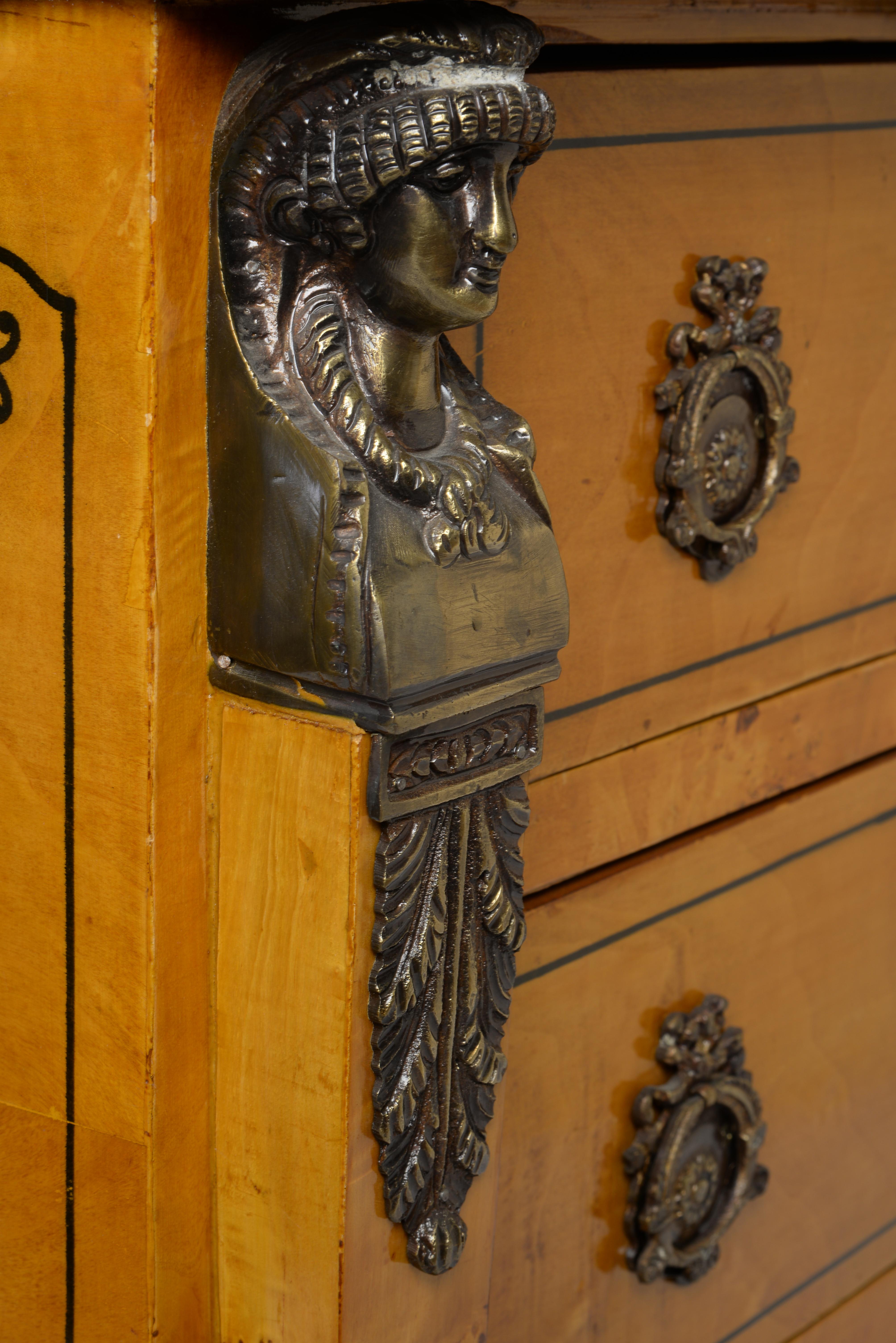 Empire Chest of Drawers with Green Marble Top, Brass Applications and Marquetry 8