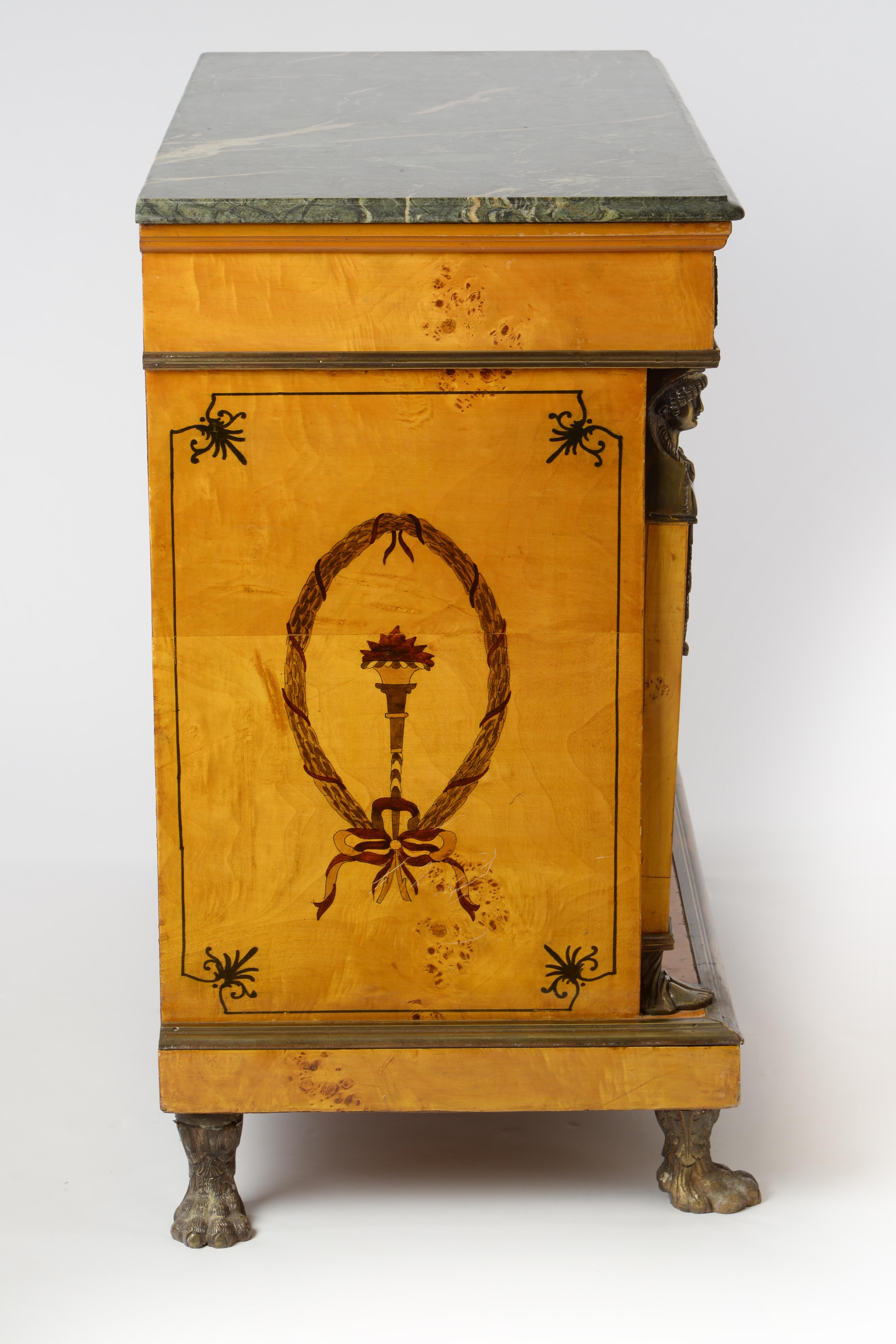 Empire Chest of Drawers with Green Marble Top, Brass Applications and Marquetry 9