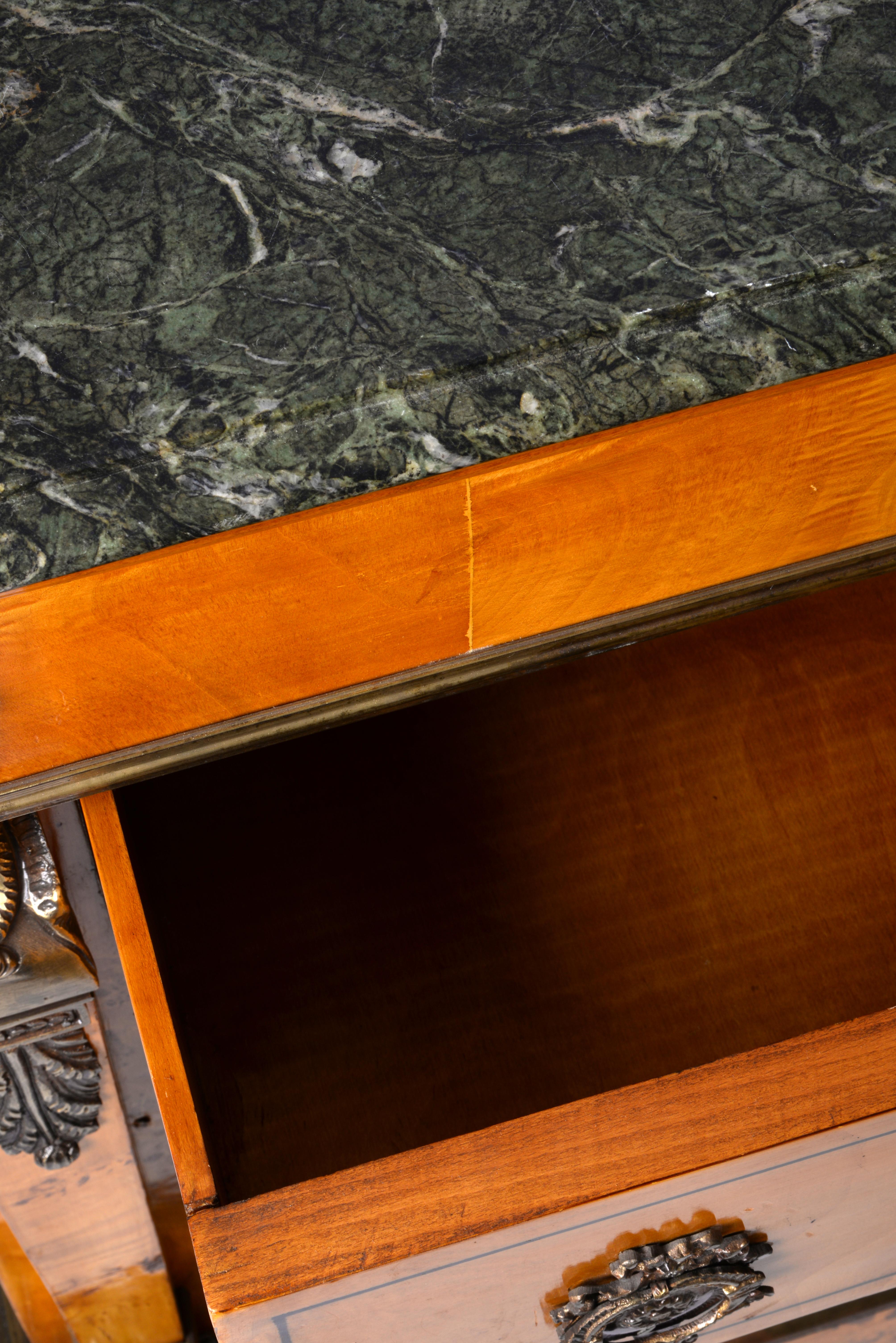 Empire Chest of Drawers with Green Marble Top, Brass Applications and Marquetry In Good Condition In Hamburg, Hamburg