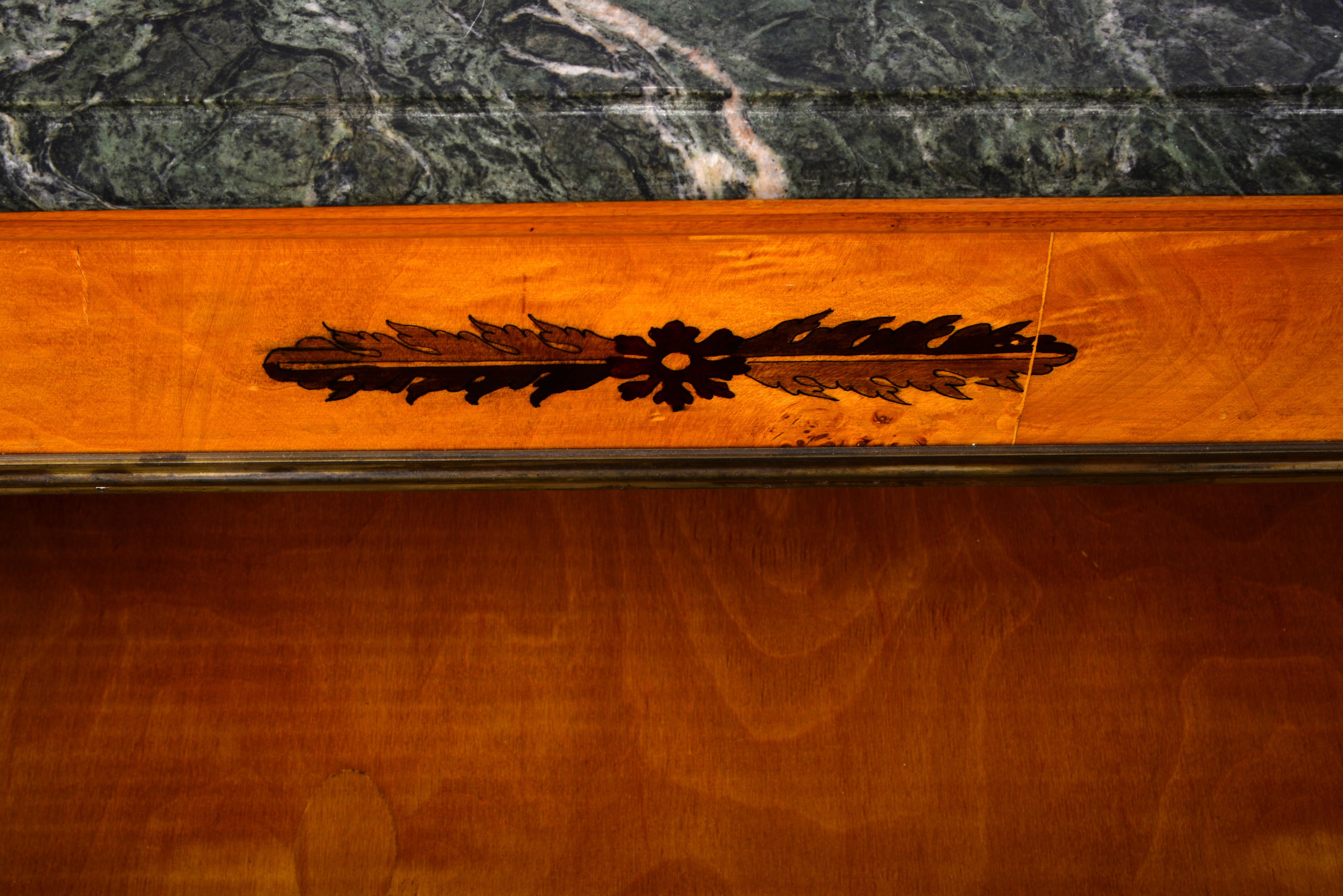 19th Century Empire Chest of Drawers with Green Marble Top, Brass Applications and Marquetry
