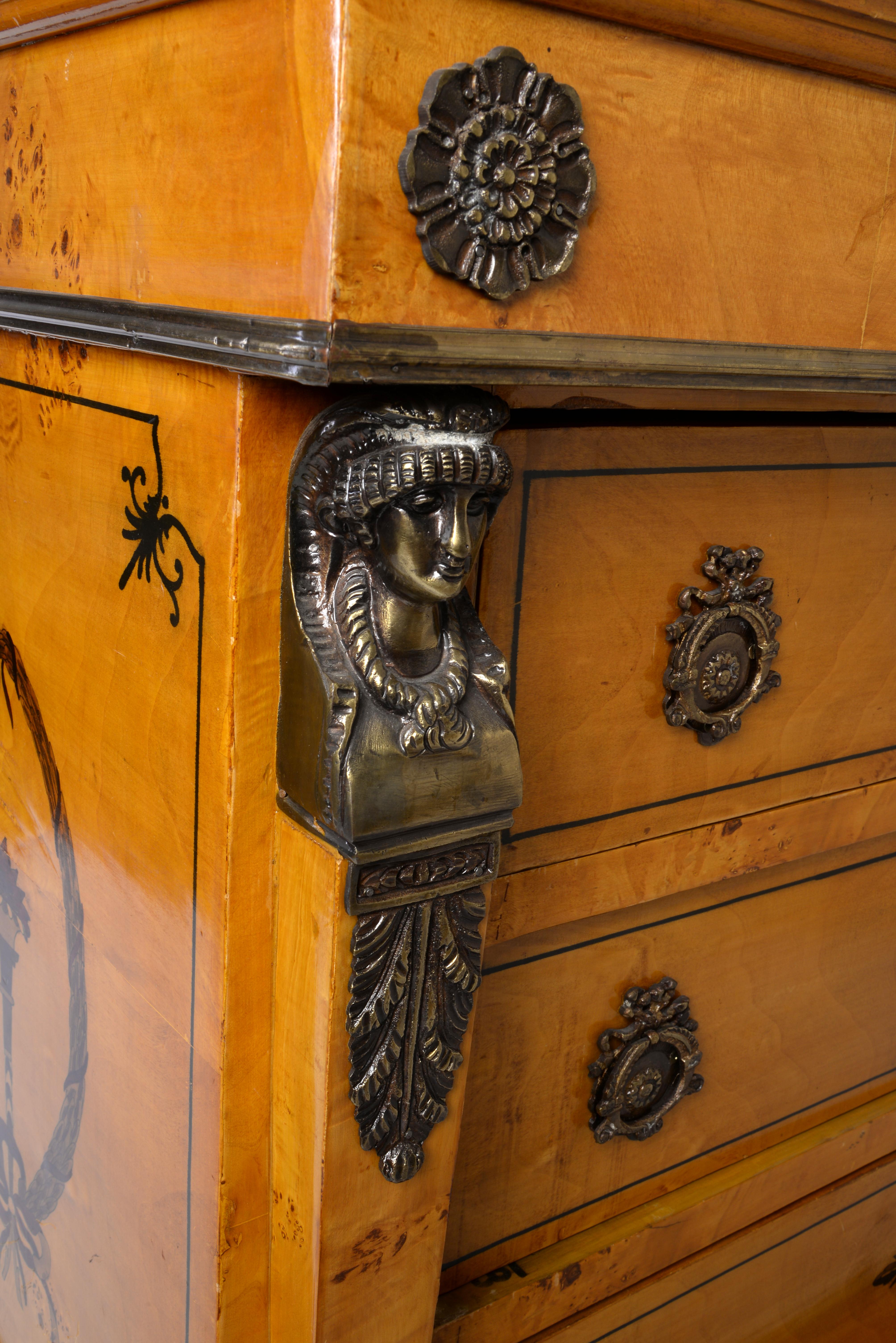 Empire Chest of Drawers with Green Marble Top, Brass Applications and Marquetry 1