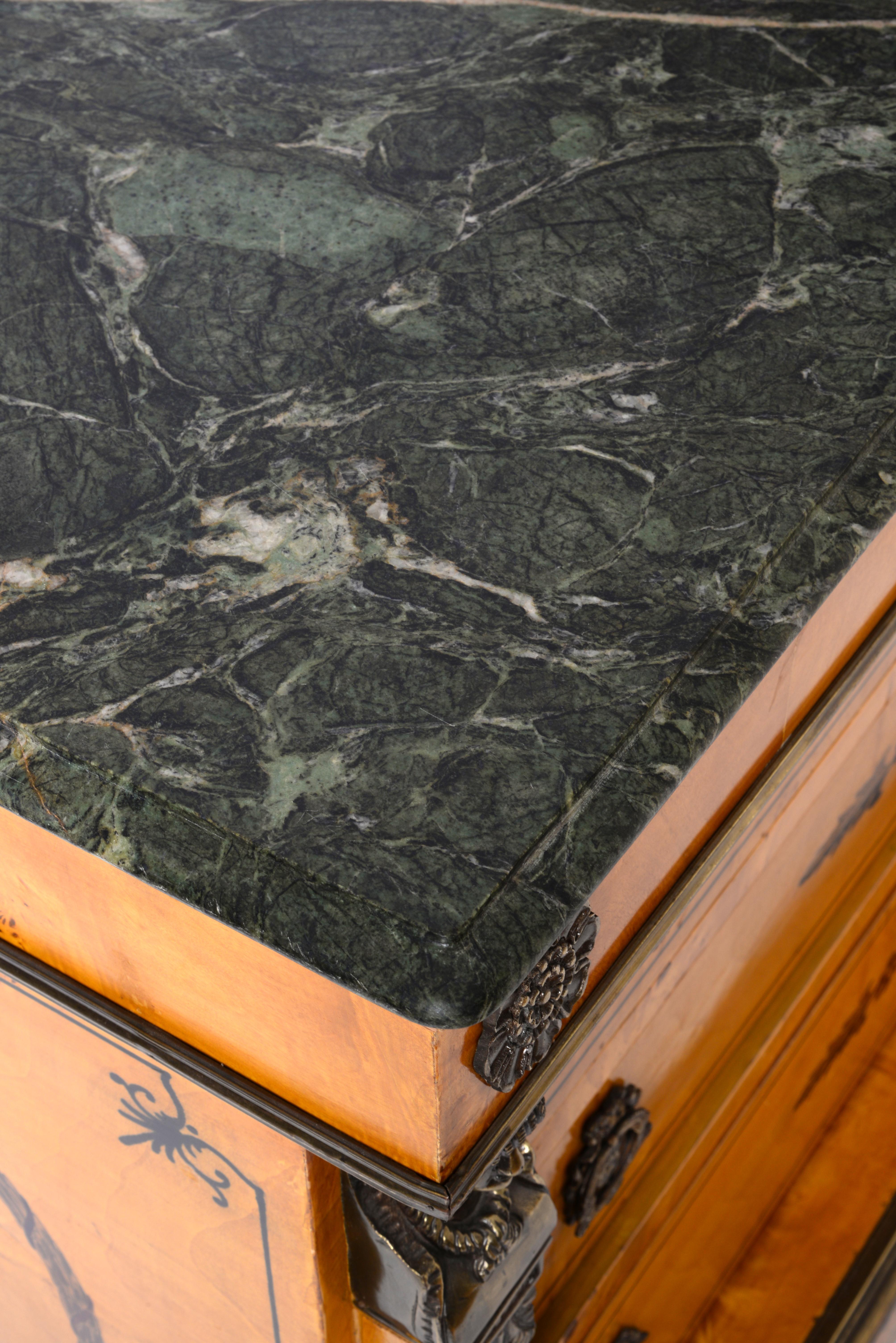 Empire Chest of Drawers with Green Marble Top, Brass Applications and Marquetry 2