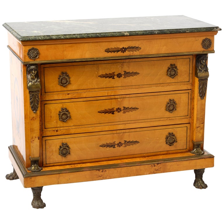 Empire Chest of Drawers with Green Marble Top, Brass Applications and Marquetry For Sale at 1stDibs