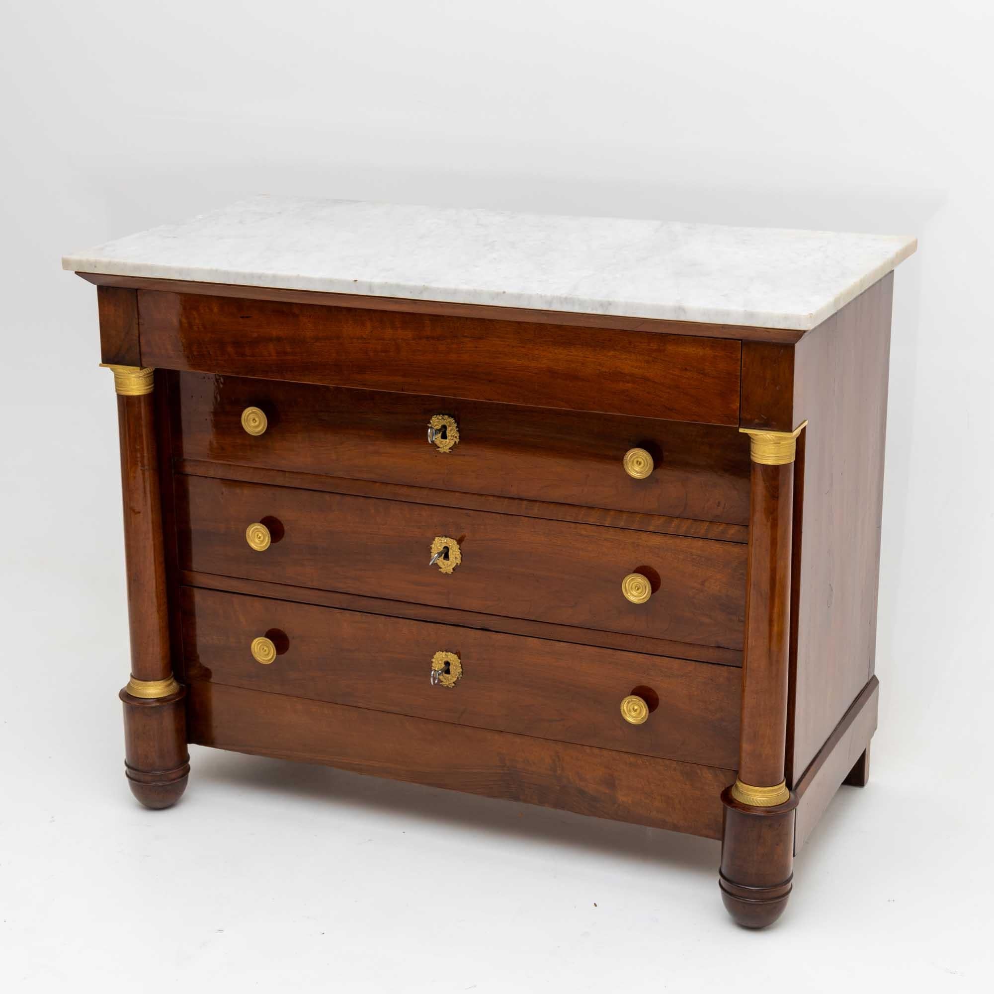 French Empire Chest of Drawers with White Marble Top, France Early 19th Century For Sale