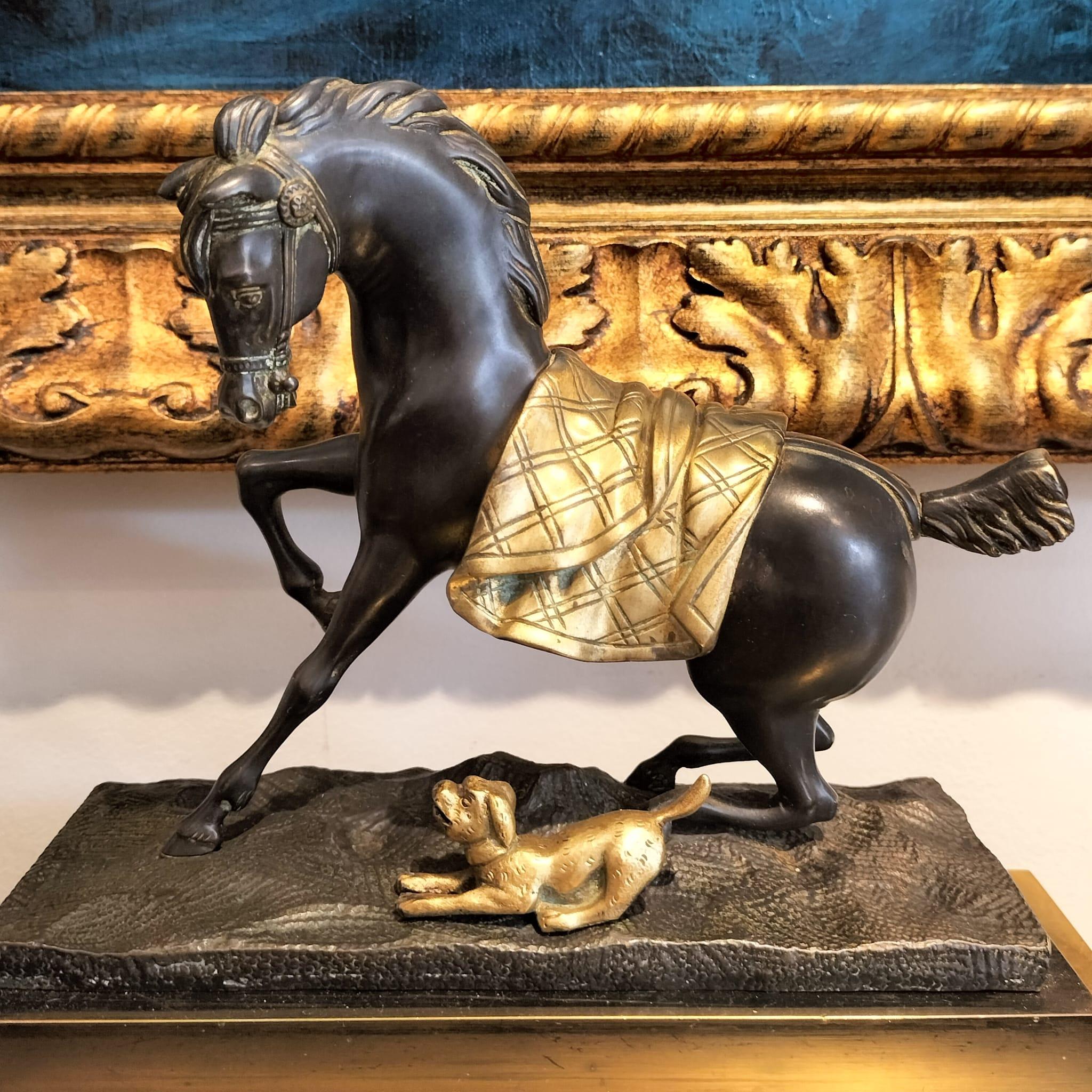 French Empire Clock in representing a Horse and a Dog in Gilt Bronze, 19th Century For Sale