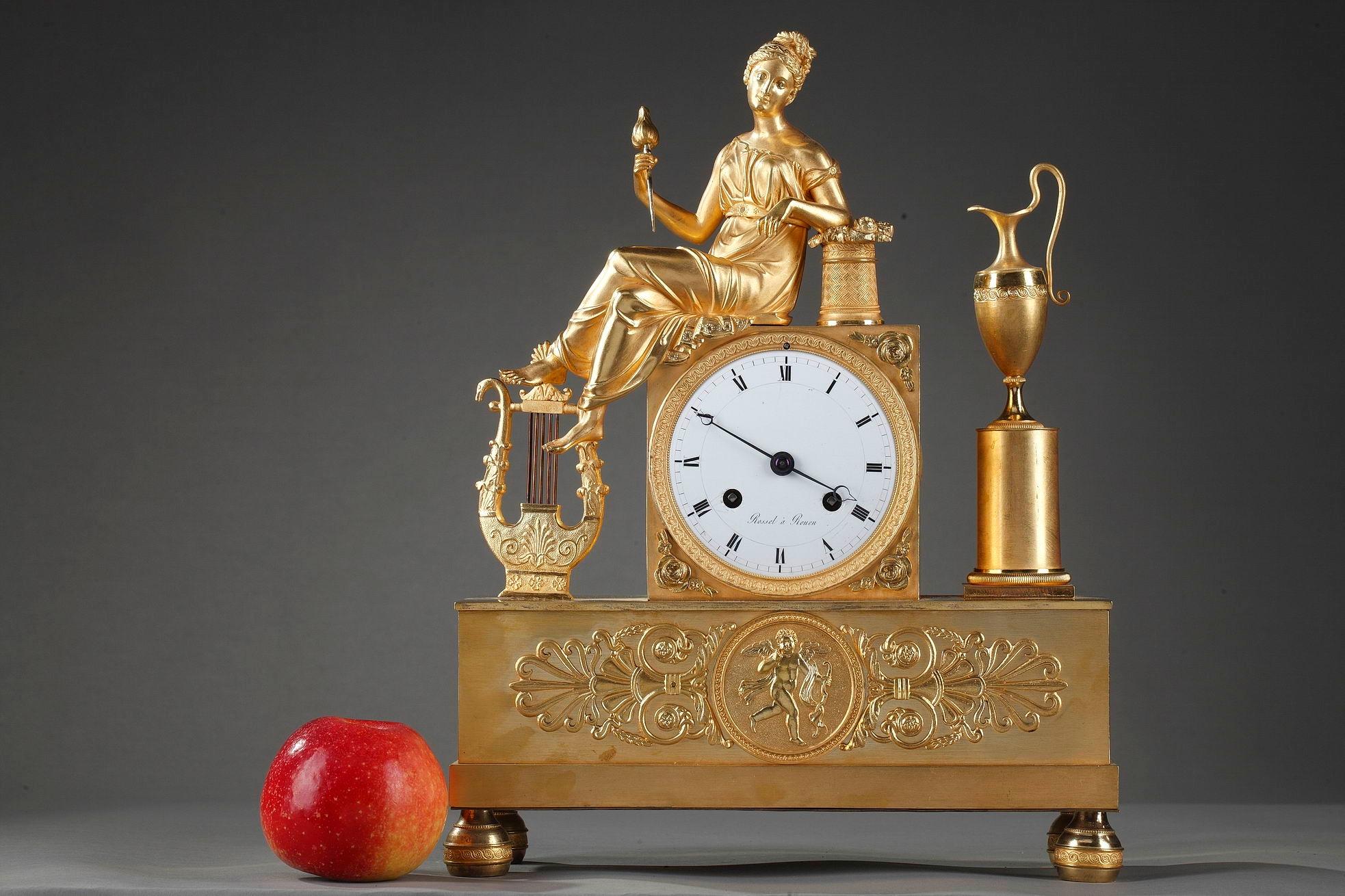 Gilt Empire Clock The Spinner by Rossel in Rouen For Sale