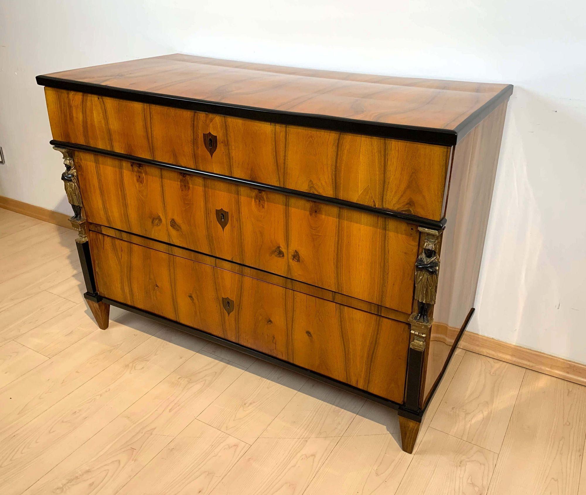 Polished Empire Commode, Walnut Veneered with Caryatids, Austria, Vienna circa 1810/15 For Sale