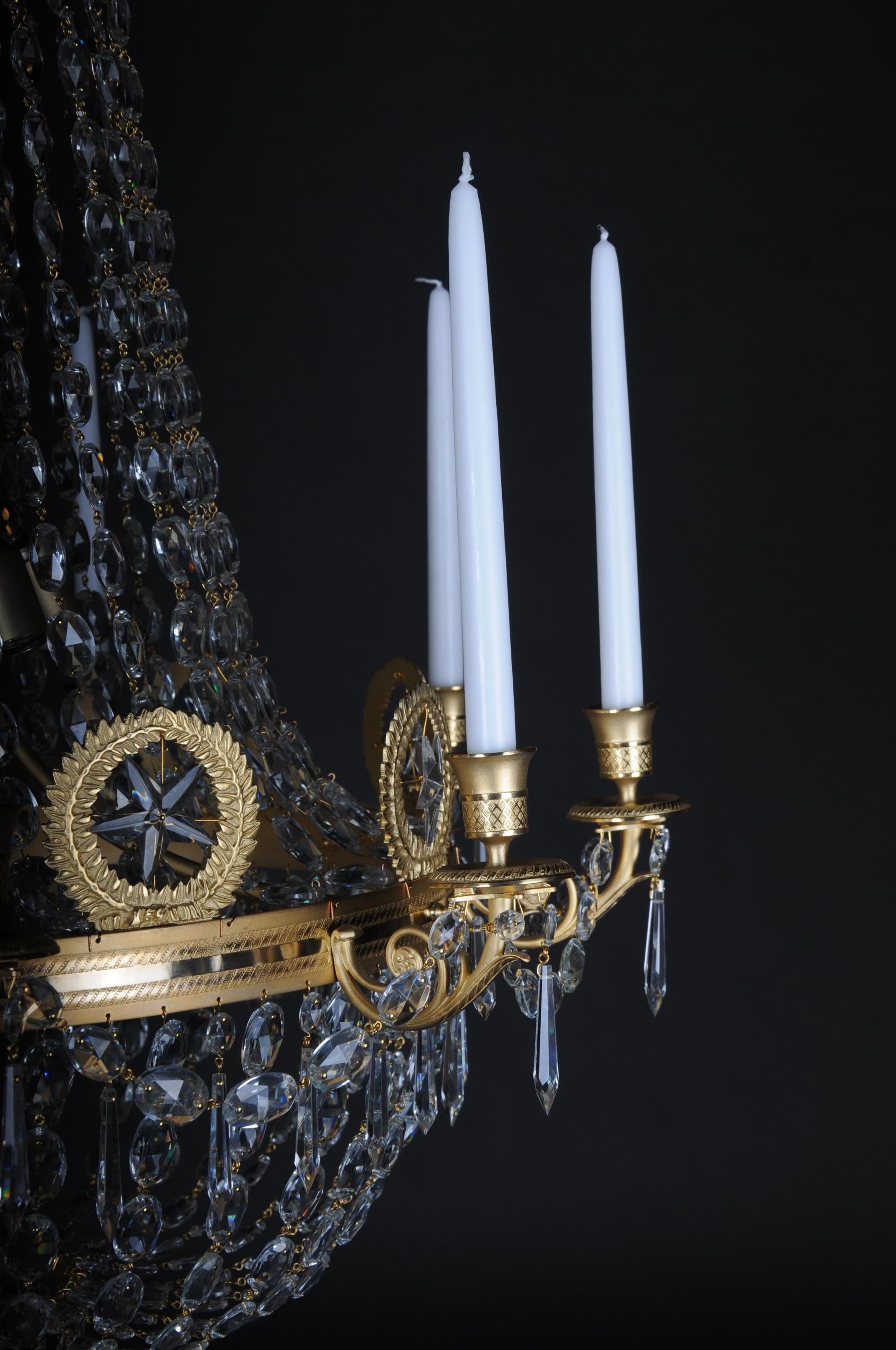 Brass Empire Crystal Chandelier, Charles X, matt gold-plated