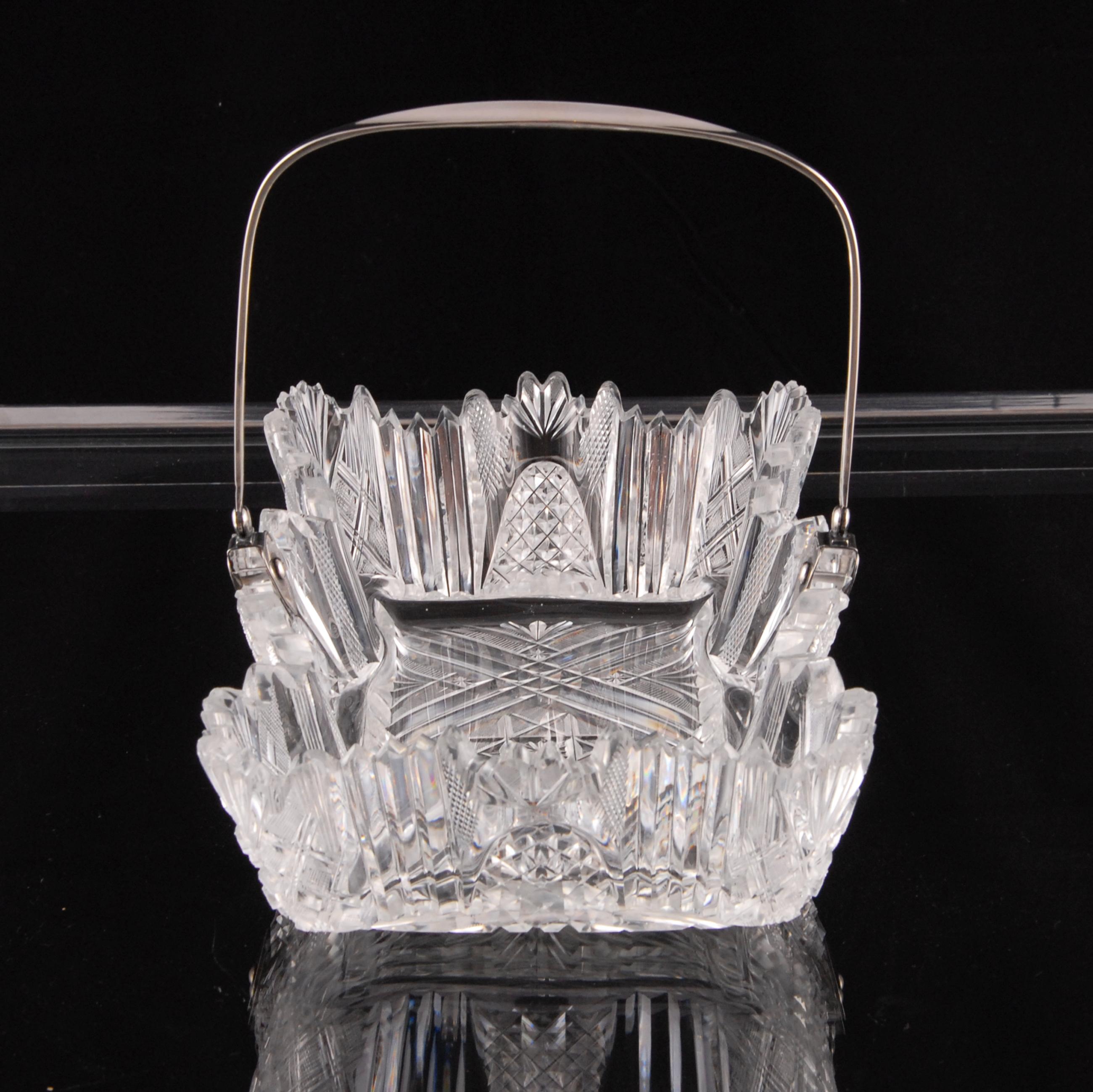 19th Century Empire Cut Crystal Bread Basket With Sterling Silver Handle Voneche Baccarat For Sale