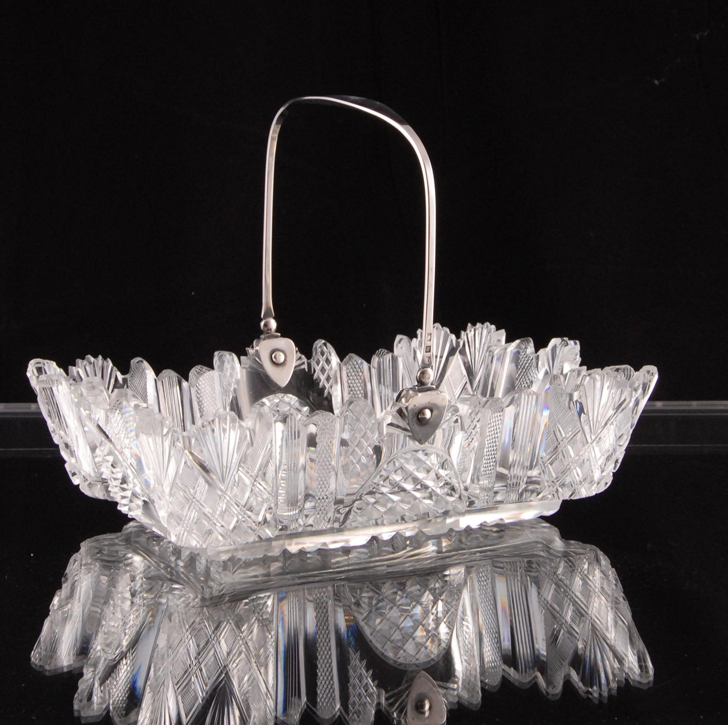 Empire Cut Crystal Bread Basket With Sterling Silver Handle Voneche Baccarat For Sale 3
