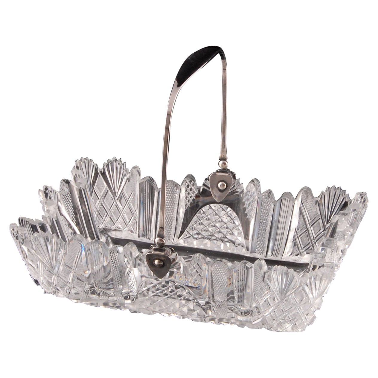 Empire Cut Crystal Bread Basket With Sterling Silver Handle Voneche Baccarat For Sale