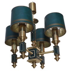 Empire Dark Green Four-Arm Chandelier Made of Leather and Brass, France 1960s