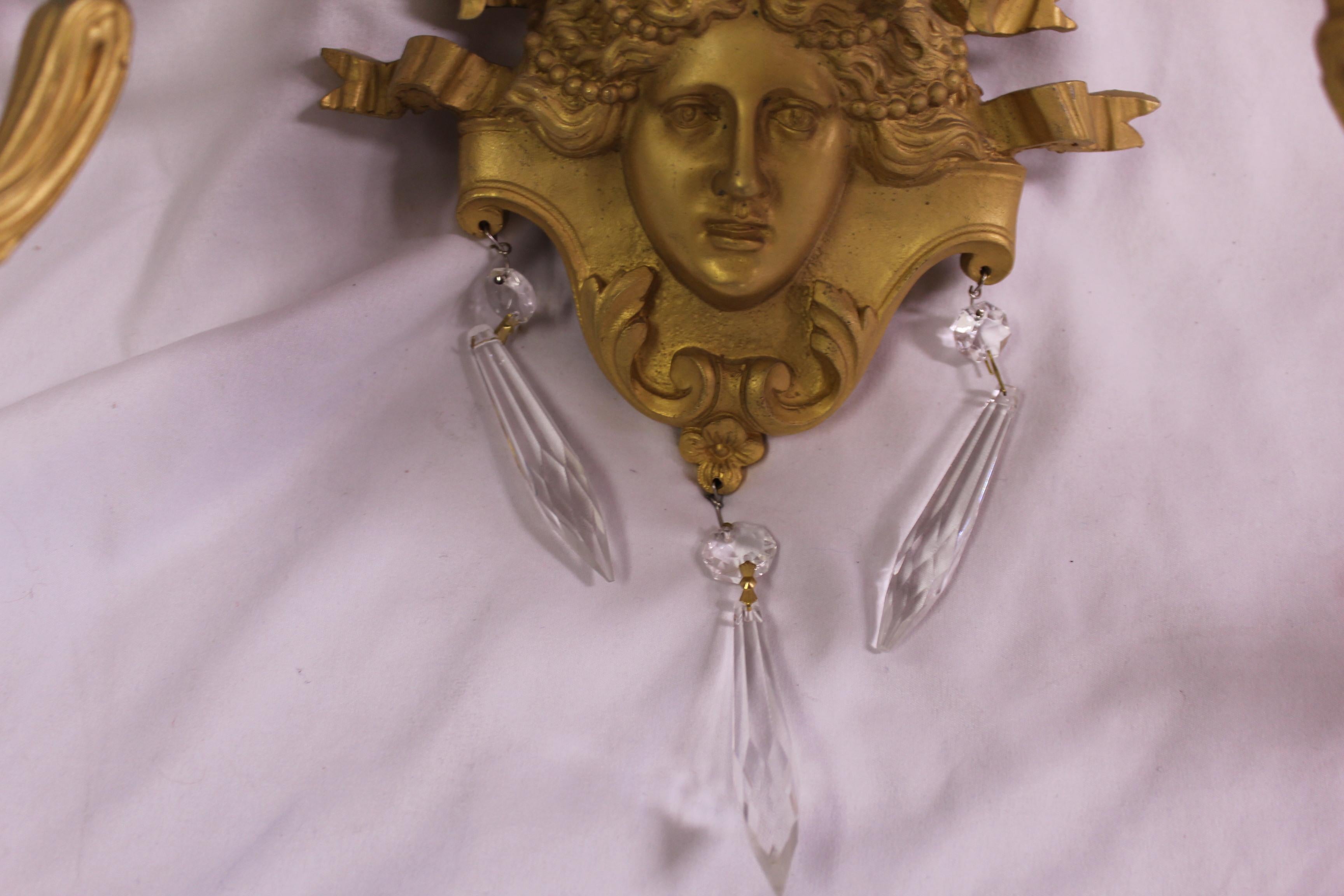 Empire Design of Lady Face Sconces Gold Dore' Finish In Good Condition For Sale In Los Angeles, CA