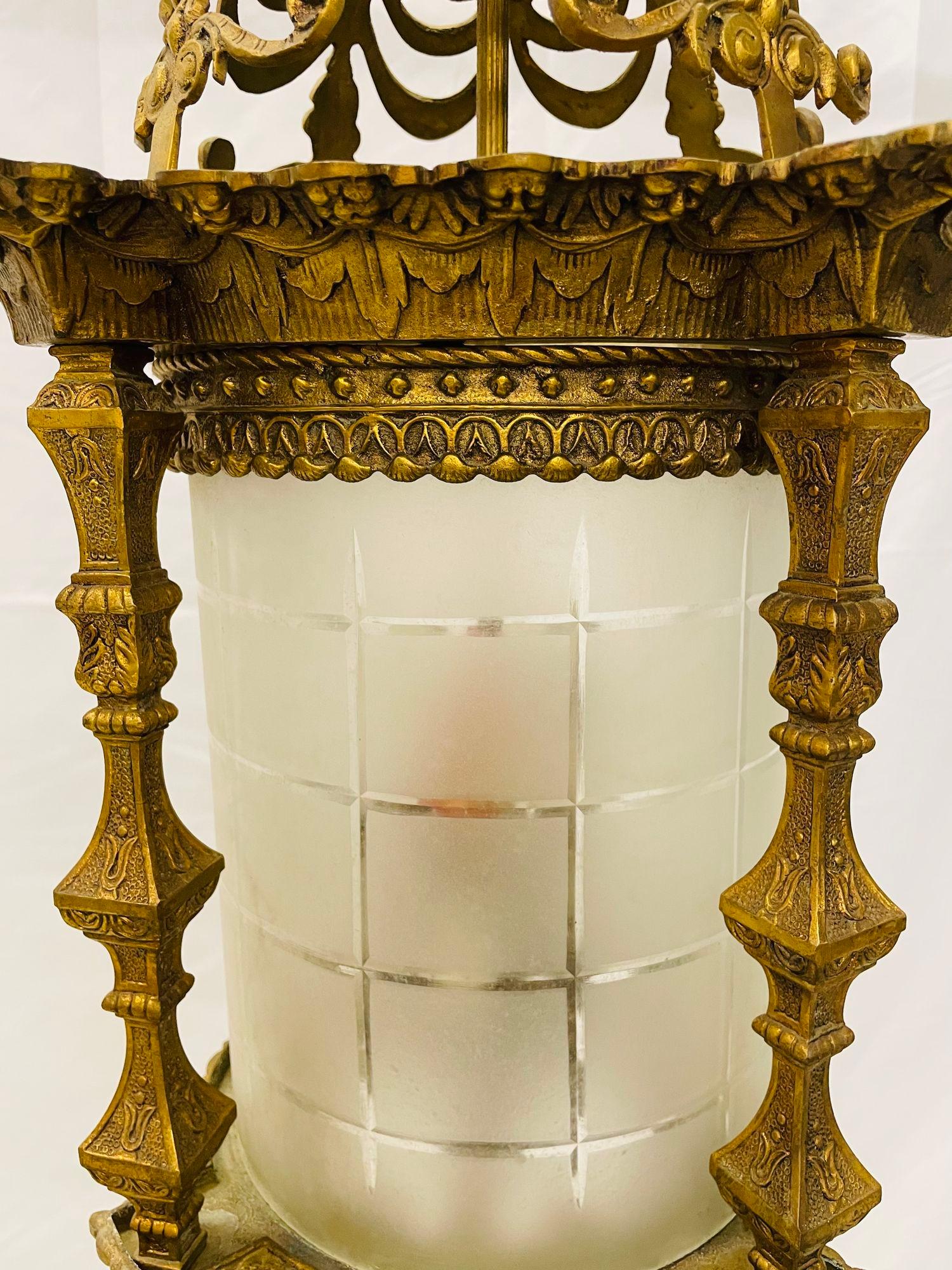 Empire Dore Lantern Chandelier, Frosted Etched Glass, 19th Century, Solid Bronze For Sale 5