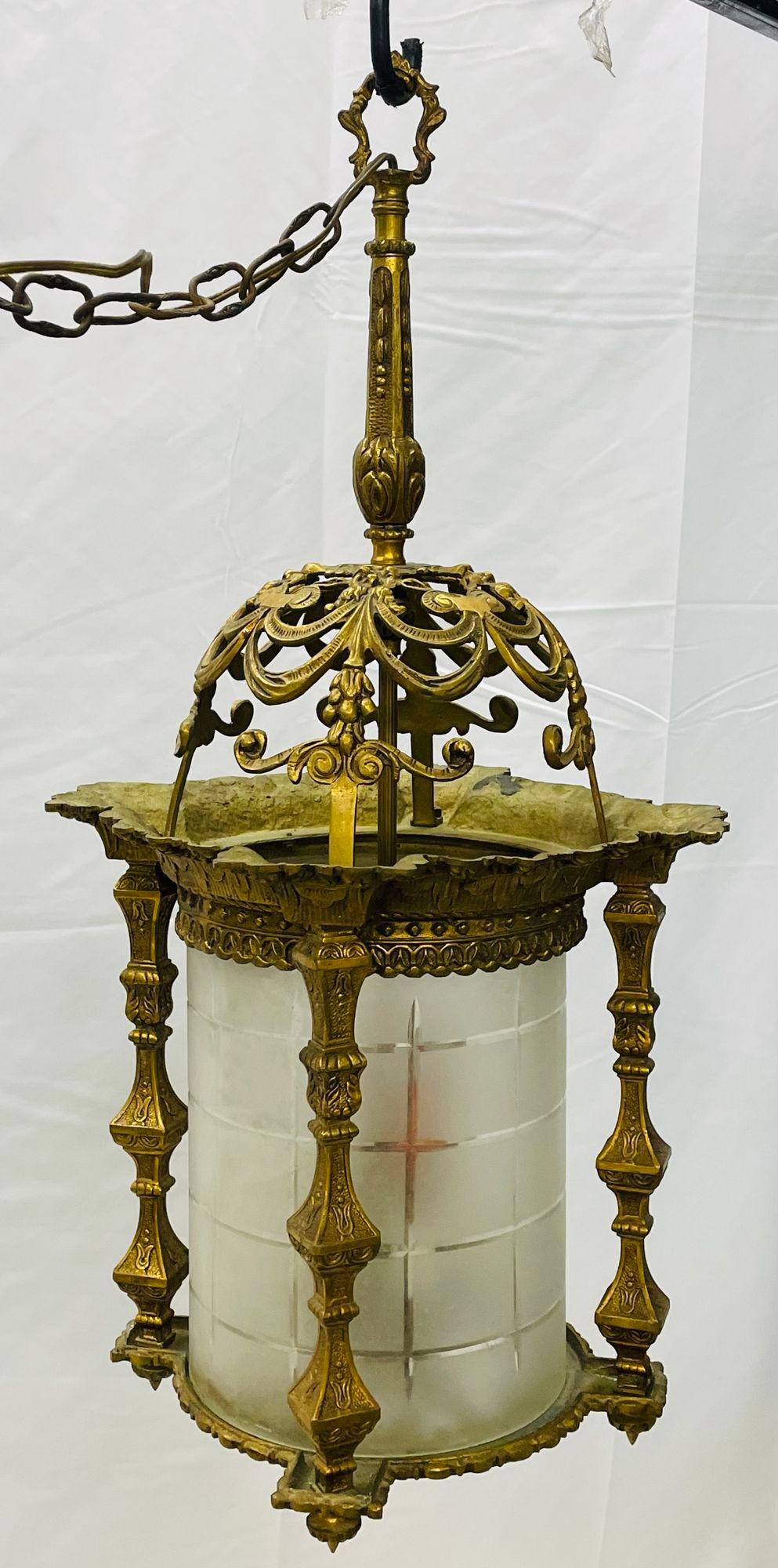 Empire Dore Lantern Chandelier, Frosted Etched Glass, 19th Century, Solid Bronze For Sale 6