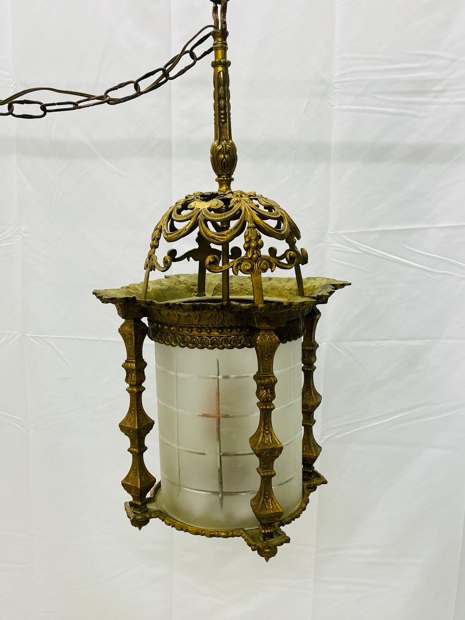 Empire Dore Lantern Chandelier, Frosted Etched Glass, 19th Century, Solid Bronze For Sale 8