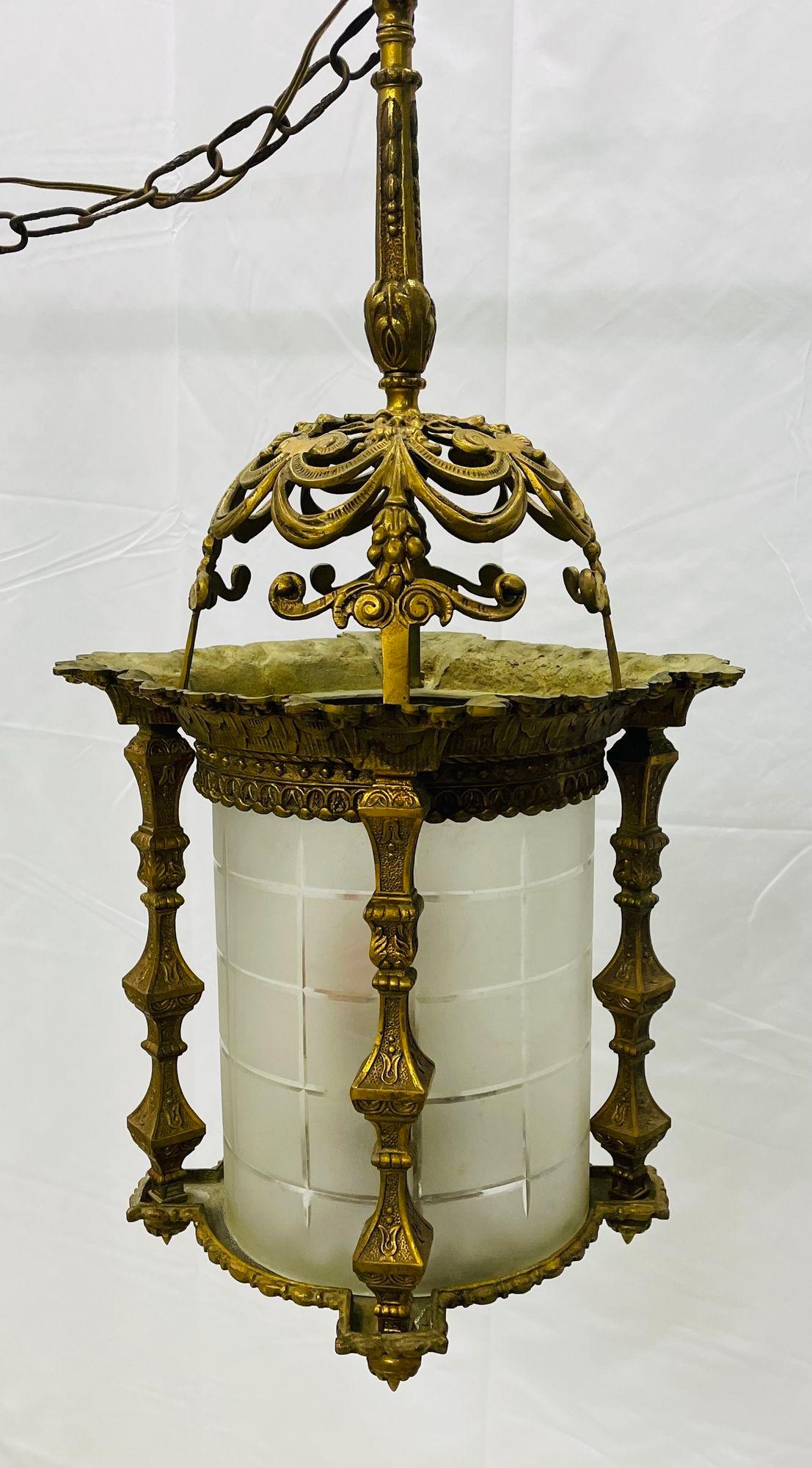 Empire Dore Lantern Chandelier, Frosted Etched Glass, 19th Century, Solid Bronze For Sale 9