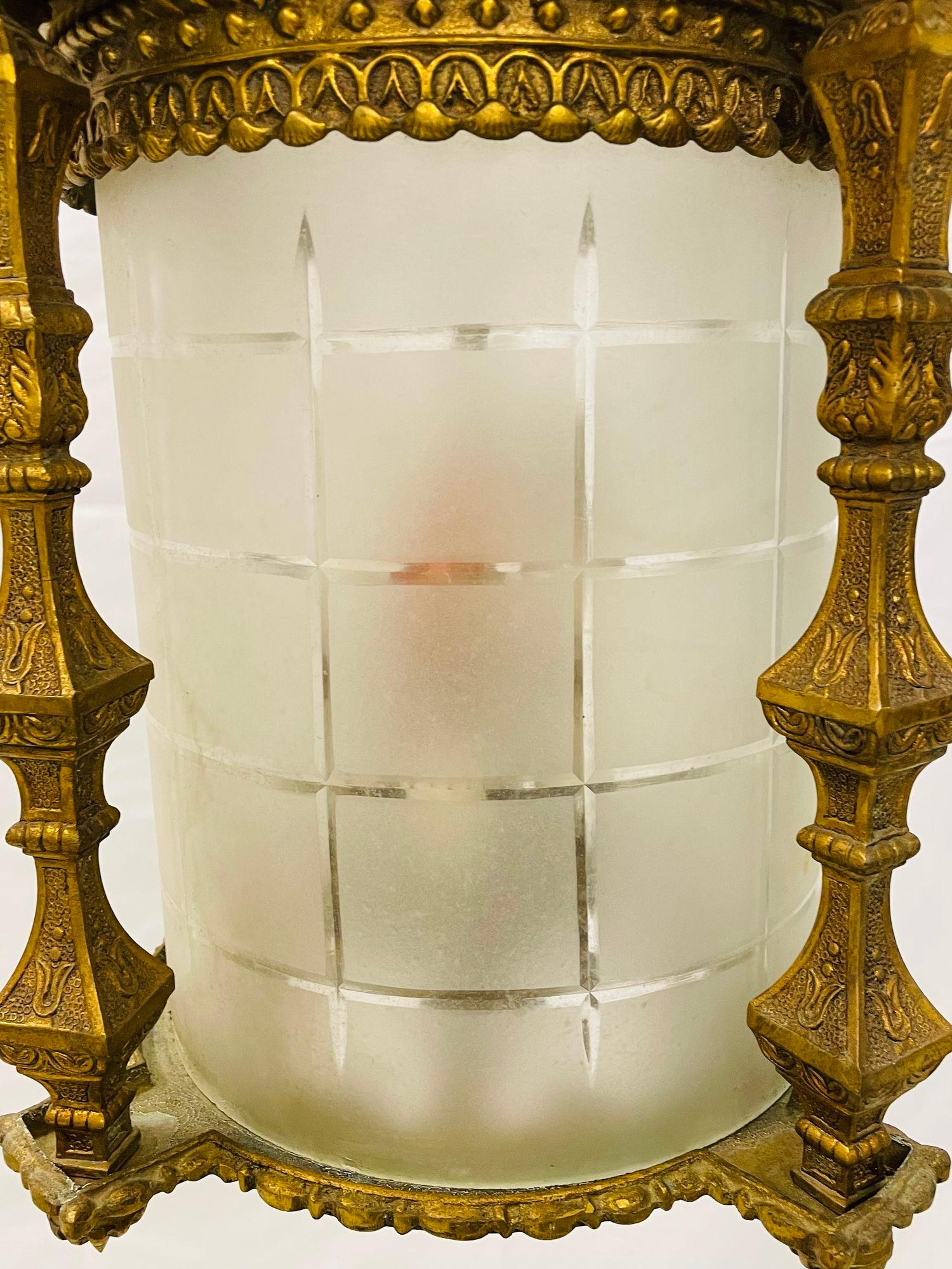 European Empire Dore Lantern Chandelier, Frosted Etched Glass, 19th Century, Solid Bronze For Sale